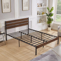 Queen Size Bed Frame With Wood Headboard, Metal Frame With Strong Slats, Noise Free,No Box Spring Needed Brown Queen Brown Metal & Wood