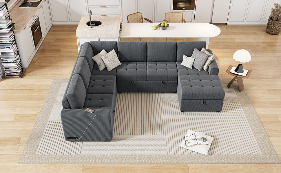 107.5" U Shaped Sofa Sectional Sofa Pull Out Sofa Bed With A Storage Chaise Lounge, Charging Devices For Living Room, Gray Gray Foam Corduroy 5 Seat