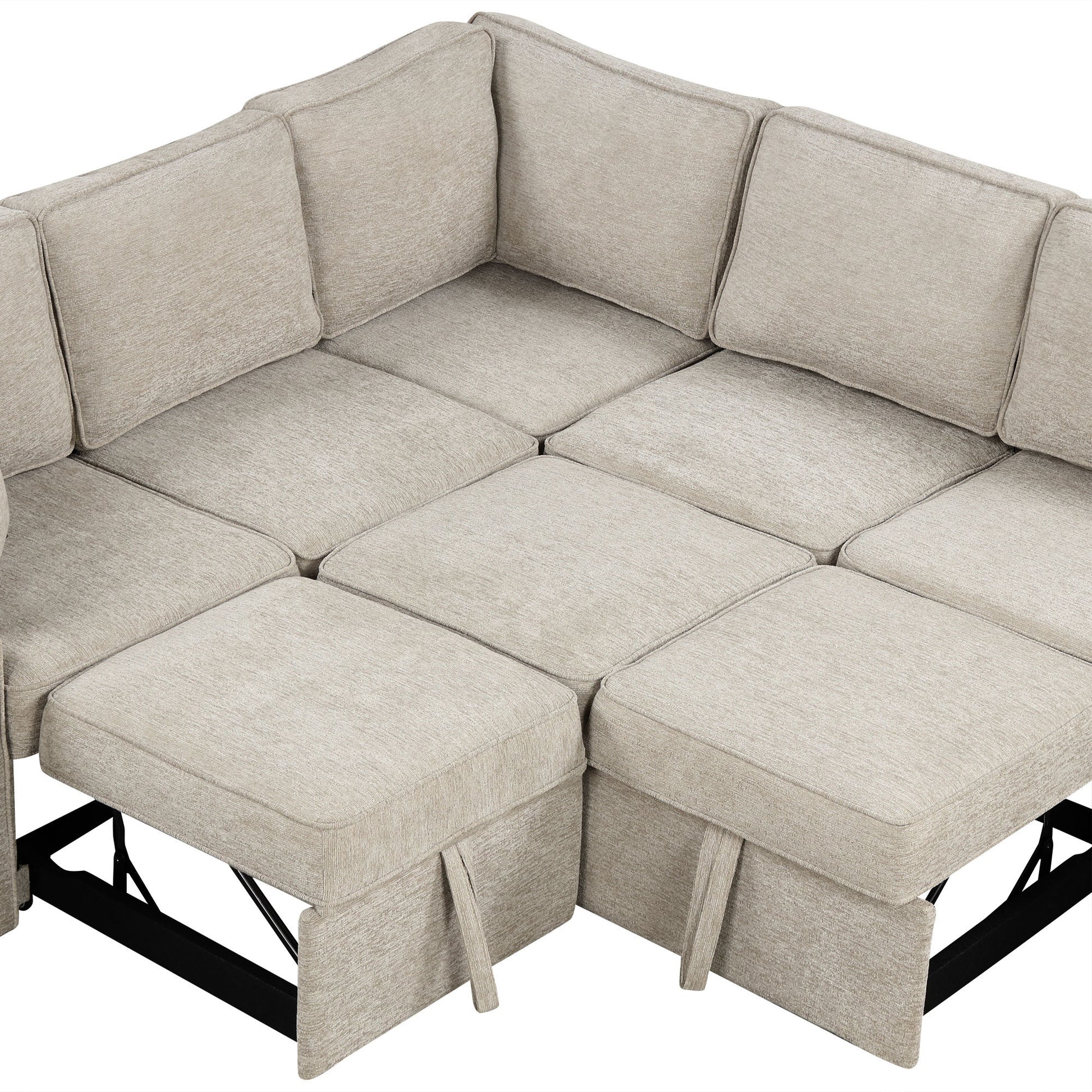 126" L Shaped Sofa Sectional Sofa Couch Pull Out Sofa Bed With Charging Devices And Cup Holders For Living Room, Beige Beige Foam Chenille 6 Seat