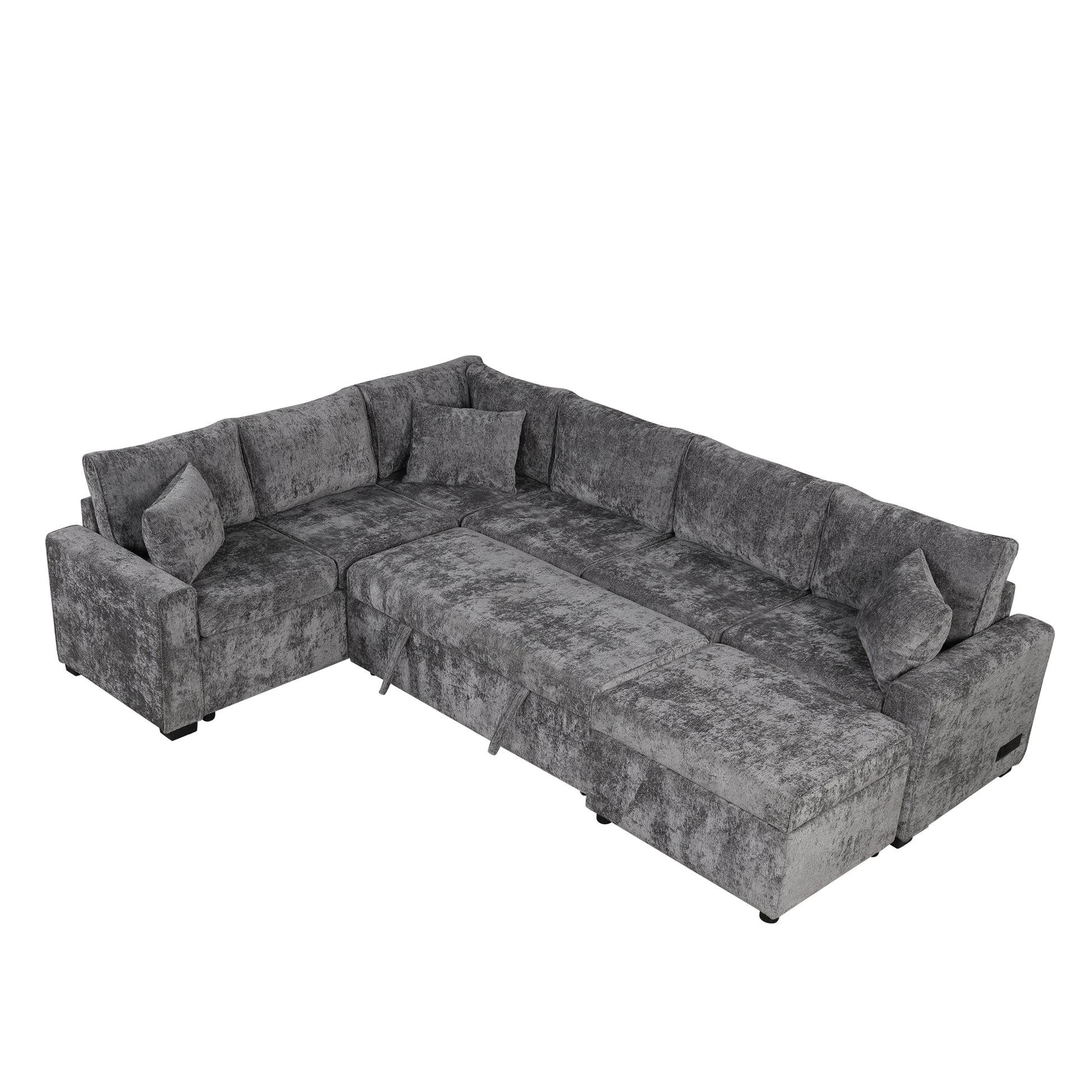 112.2" Sectional Sofa Pull Out Sofa Bed Sleeper With A Storage Ottoman,Three Pillows And Charging Devices For Living Room, Grey Grey Foam Chenille 6 Seat