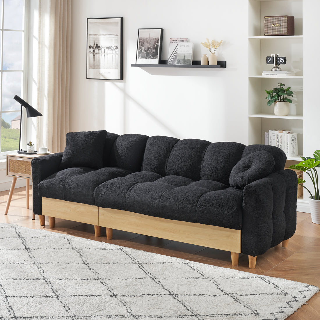 Black Technology Cloth Three Seat Sofa Lift Sofa Bed With Locker Sofa Sofa Bed Small Sofa Small Family Sofa Bed Black Teddy 3 Seat