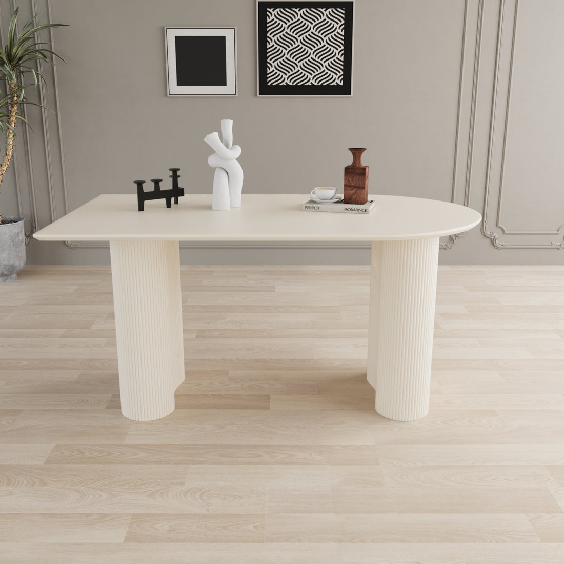 63 "Modern Fashion Mdf Cream Style Coffee Table And Irregular Side Table, 4 8 Person Dining Table, Thick Engineering Wood Round Wave Table Legs, Home Kitchen Thick Elegant Cream White Table Top Cream White Mdf
