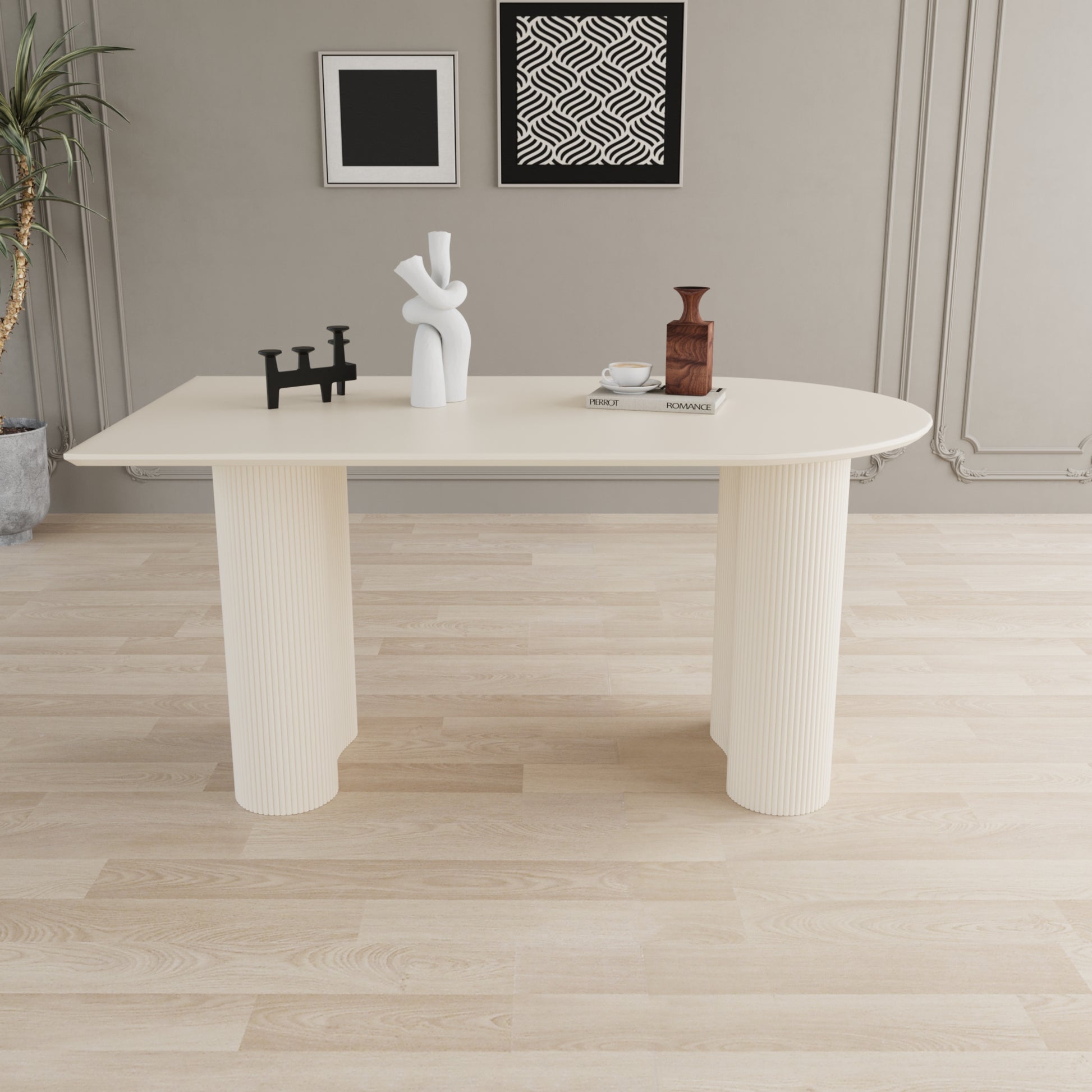 63 "Modern Fashion Mdf Cream Style Coffee Table And Irregular Side Table, 4 8 Person Dining Table, Thick Engineering Wood Round Wave Table Legs, Home Kitchen Thick Elegant Cream White Table Top Cream White Mdf
