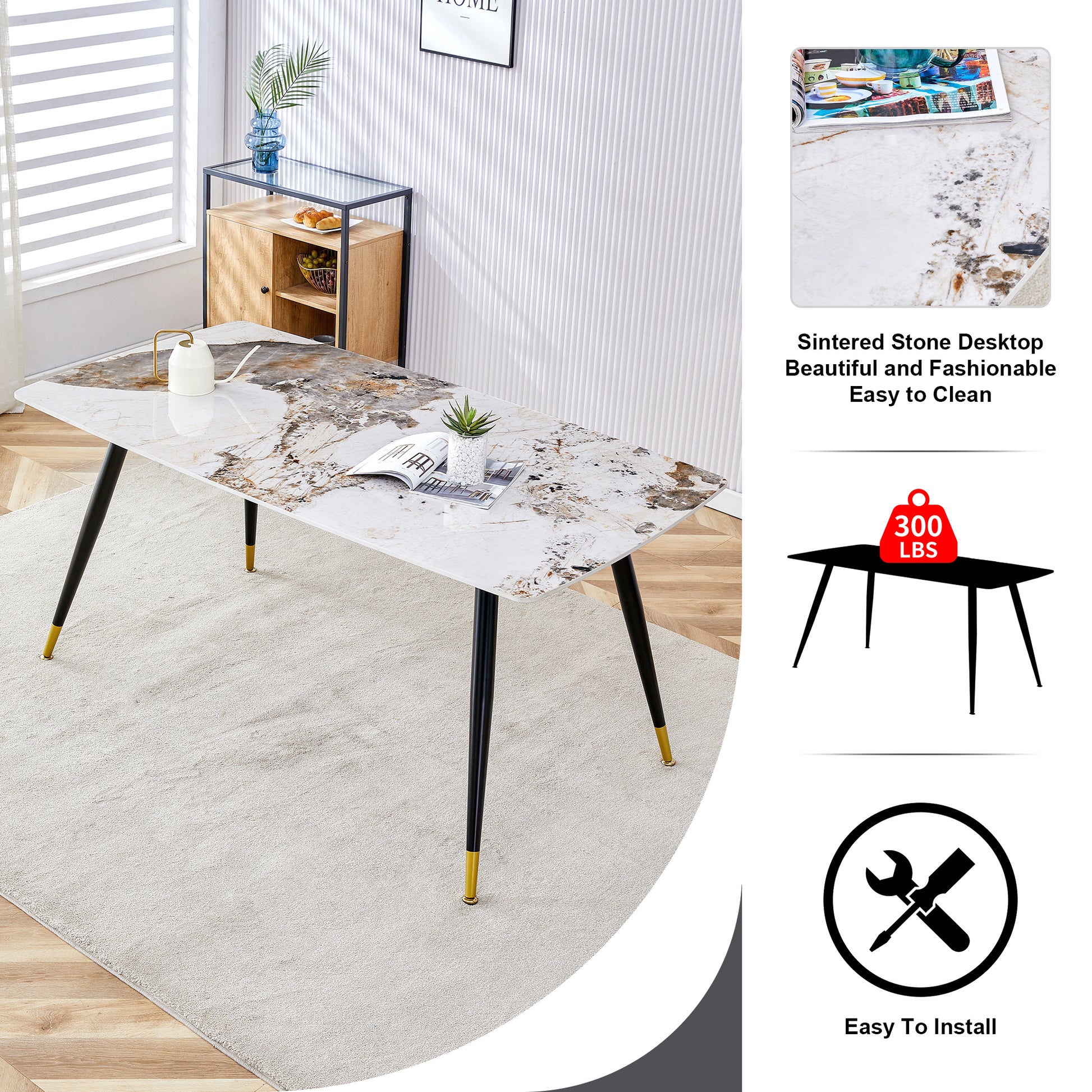 Table And Chair Set, Imitation Marble Texture Rock Board Table Top, Black Metal Table Legs, Stable And Beautiful. Modern Simple Dining Table, Comfortable Seating. White Black Seats 4 Metal