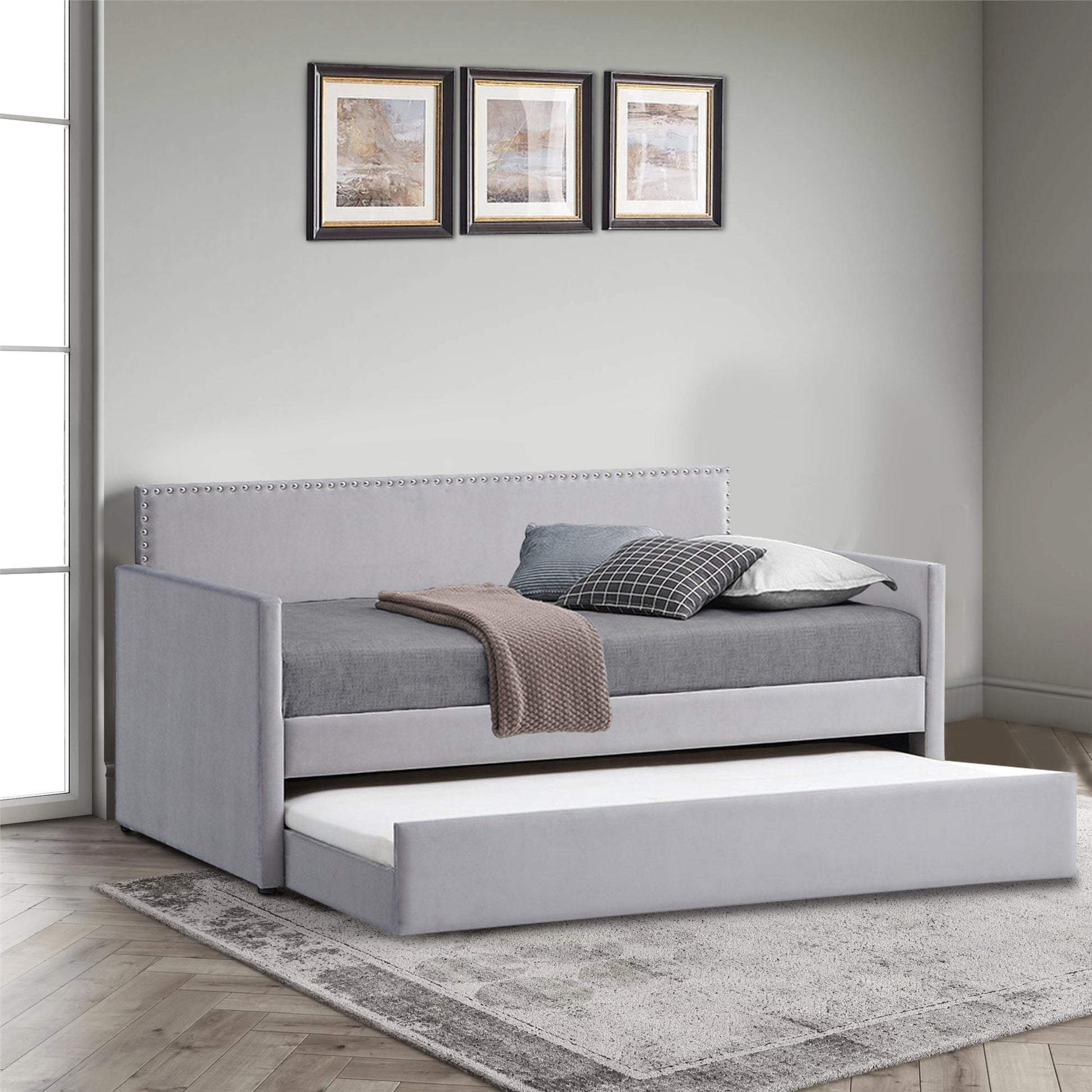 Modern Twin Daybed With Trundle, Trim Backing, Soft Gray Velvet Twin Gray Solid Wood