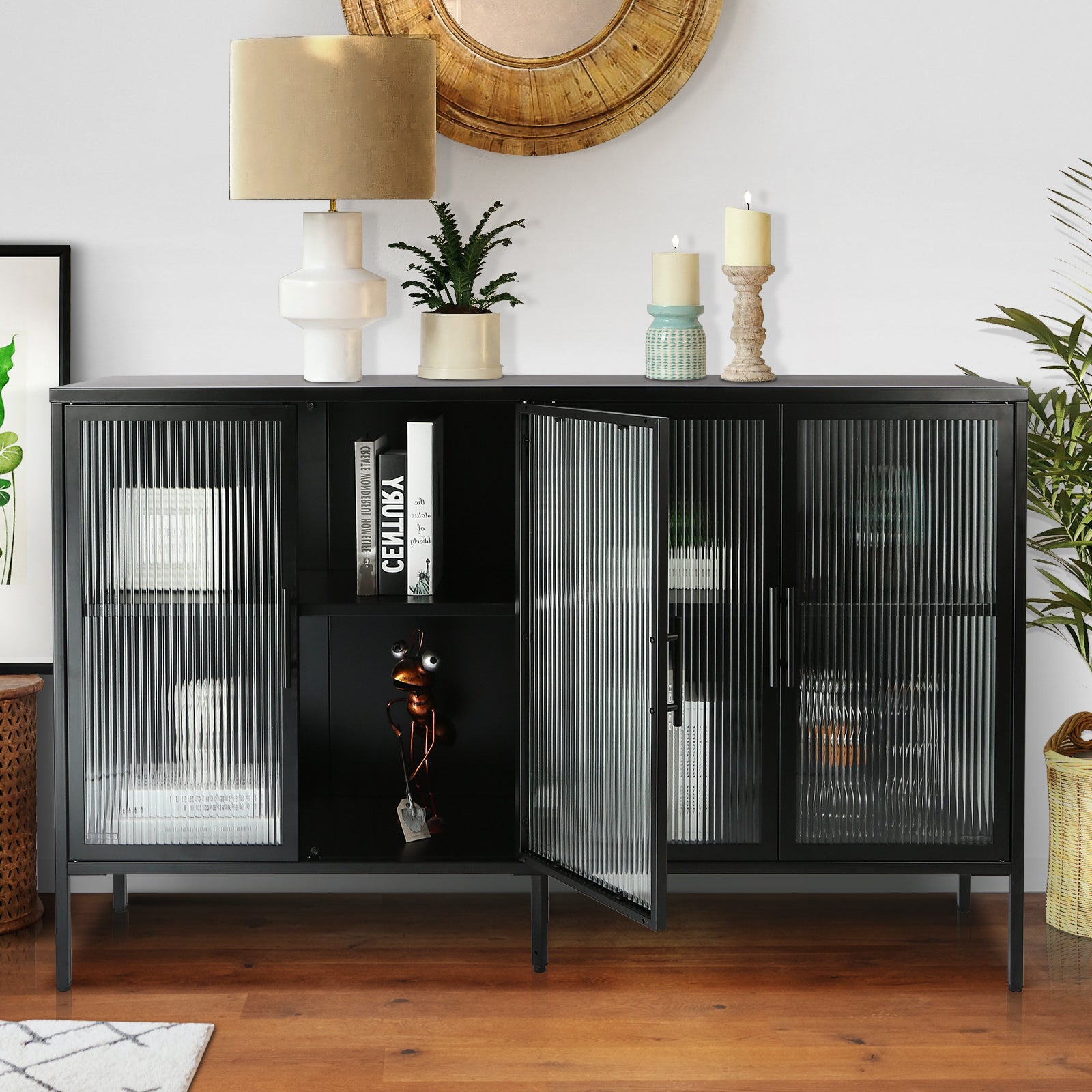 Stylish 4 Door Tempered Glass Cabinet With 4 Glass Doors Adjustable Shelf And Feet Anti Tip Dust Free Fluted Glass Kitchen Credenza Black Black Tempered Glass Sheet Metal Plastic