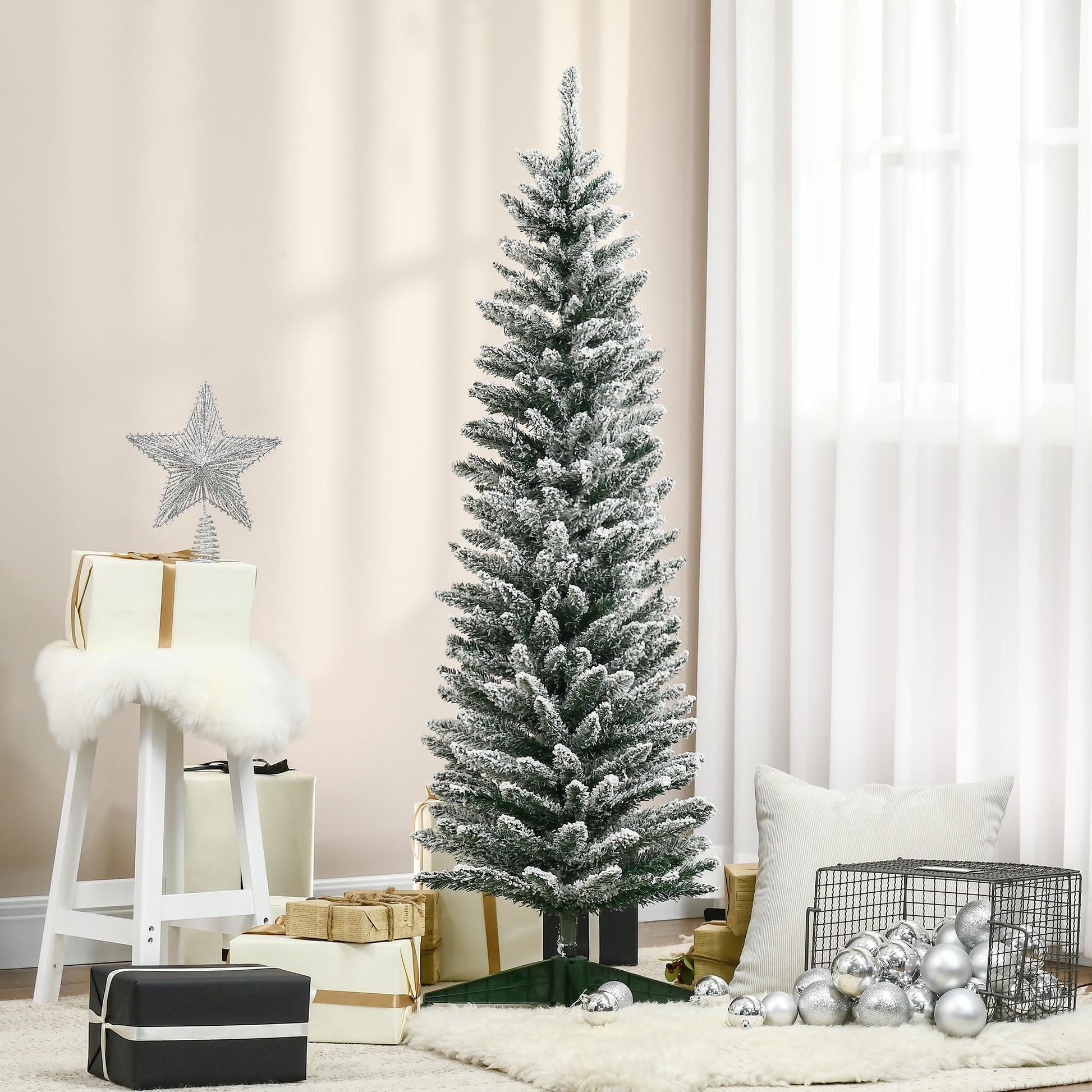 Homcom 5' Snow Flocked Artificial Pencil Christmas Tree, Slim Xmas Tree With Realistic Branches And Plastic Base Stand For Indoor Decoration, Green Green Plastic