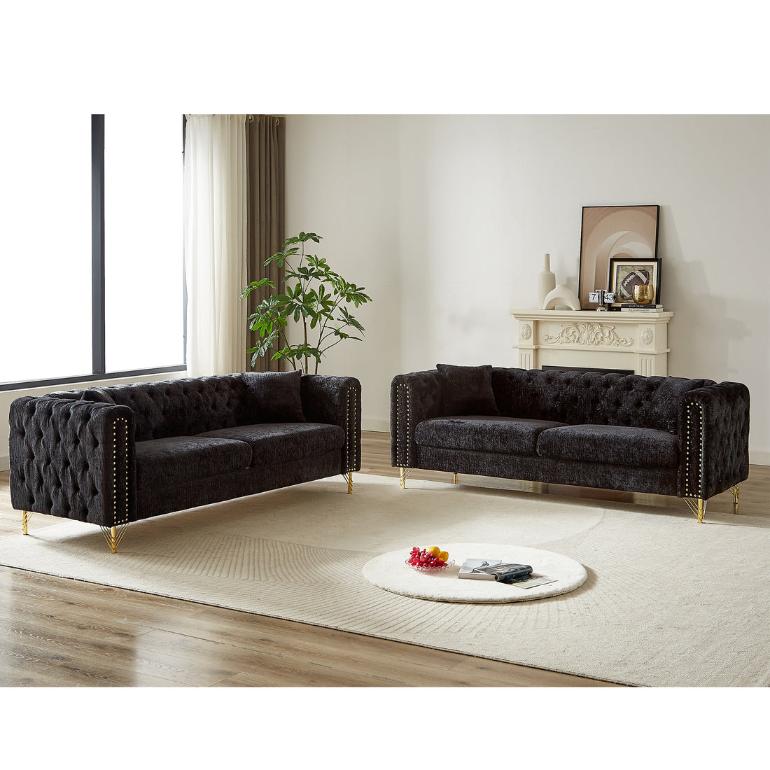 Chenille Pull Buckle Design Sofa For Living Room,Buttons Tufted With Copper Nail Decoration Armrest, Modern Couch Upholstered Button And Metal Legs Black Foam Chenille 6 Seat