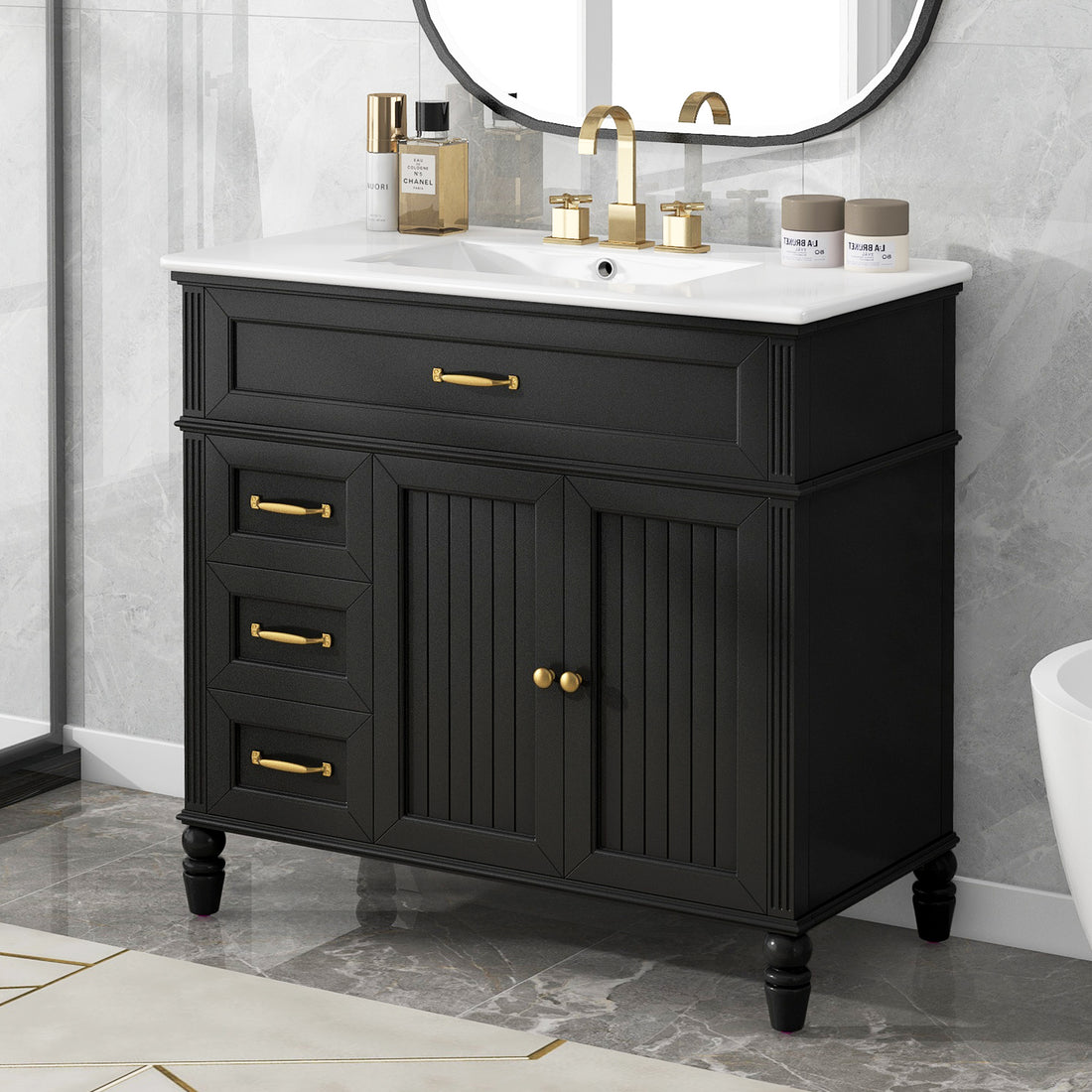 36" Bathroom Vanity With Sink, Black Bathroom Cabinet With Drawers, Solid Frame And Mdf Board, One Package Black Solid Wood Mdf