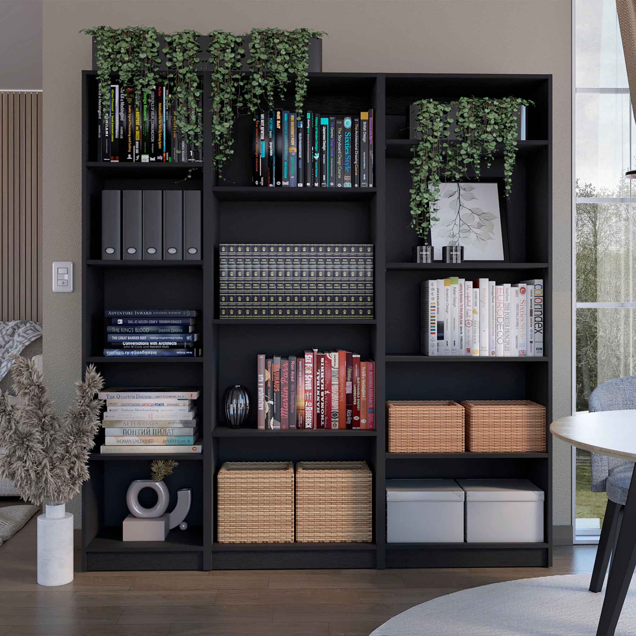 Dupree 3 Piece Home Bookcase Set, 67" Wide With 14 Shelvesliving Room Set Set Black Freestanding 5 Or More Shelves Black Office Open Storage Space Modern Particle Board