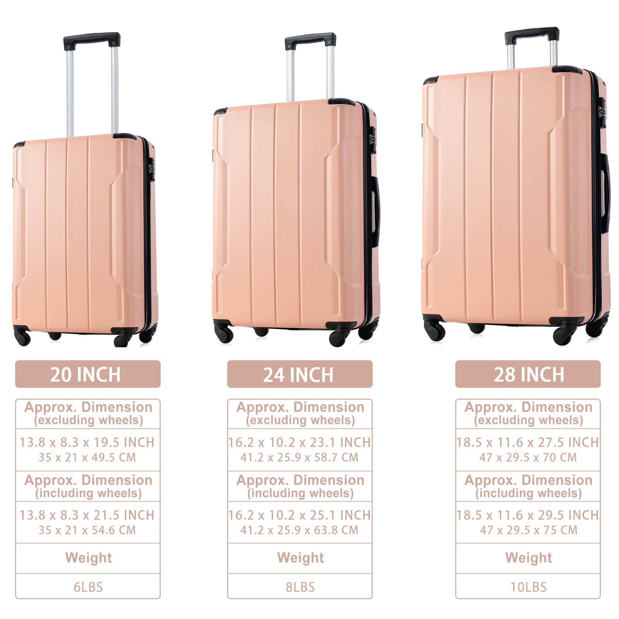 Hardshell Luggage Sets 3 Pcs Spinner Suitcase with TSA pink-abs