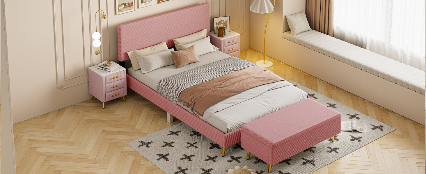 4 Pieces Bedroom Sets Queen Size Upholstered Bed Frame With Modern Corduroy Storage Ottoman And Nightstands,Pink Queen Pink 4 Piece Set Wood