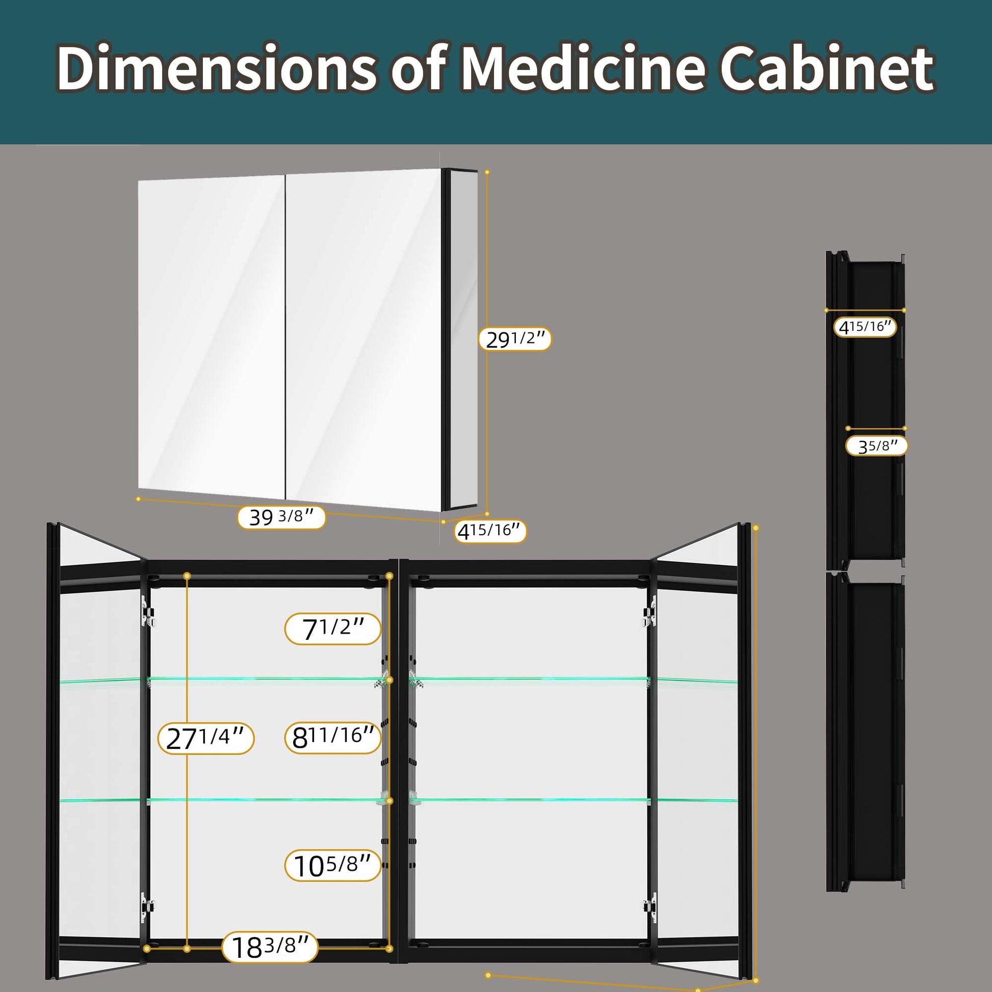 40" X 30" Lighted Medicine Cabinet With Mirror Aluminum Mirrored Cabinets For Bathroom Recessed Or Wall Mount, With Electrical Outlet Usb Anti Fog 3 Colors Light Built In Sensor Lamp Matte Black Modern Glass Aluminium Alloy