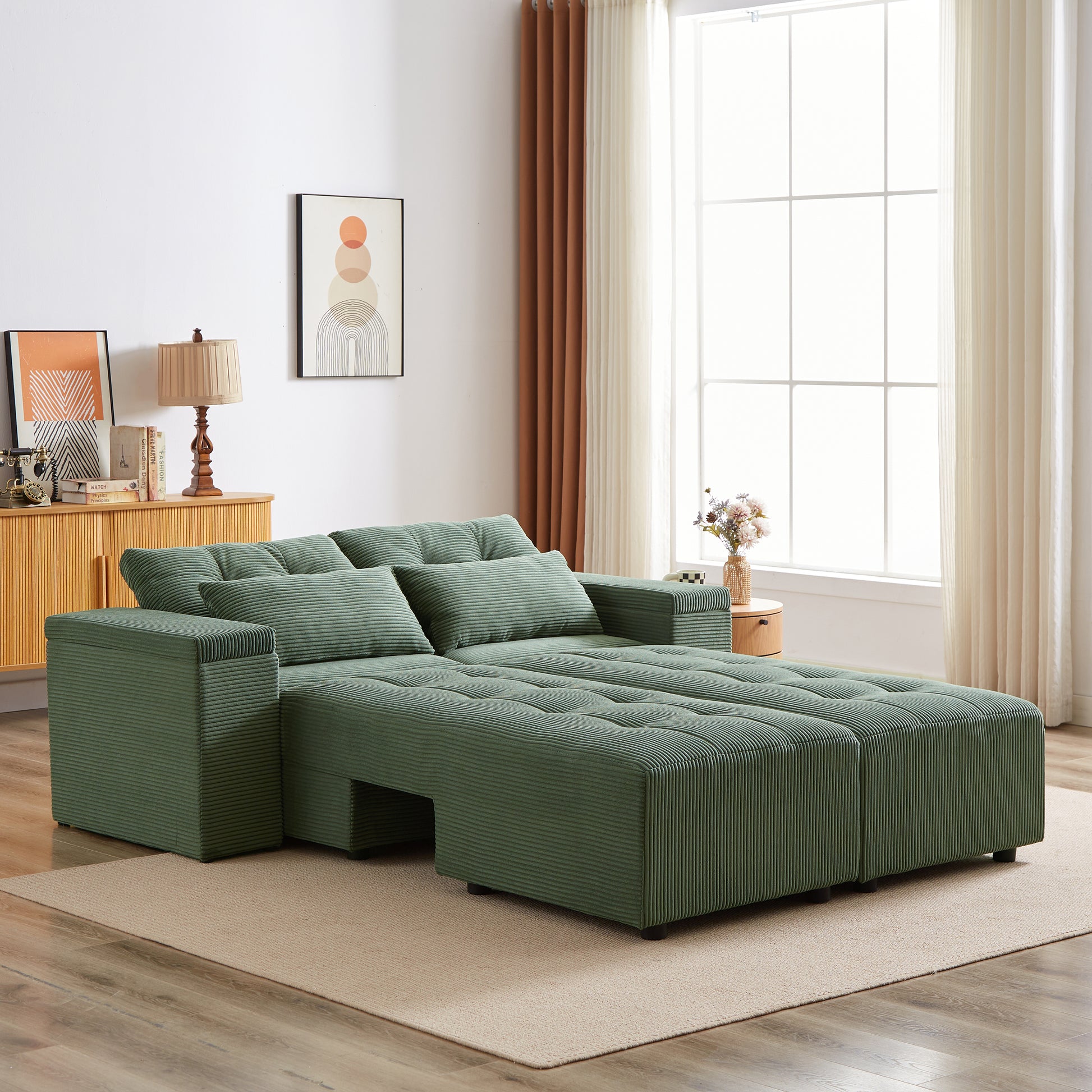 Convertible 3 In 1 Sleeper Sofa And Sectional Sofa With 4 Storage Space For Living Room,Corduroy Couch With 4 Pillows,Corduroy Army Green Corduroy 3 Seat