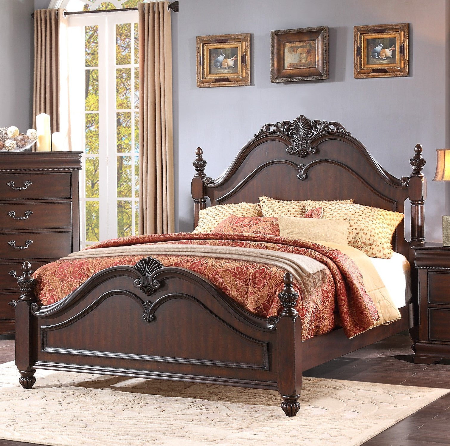 Classic Traditional Queen Bed Carved Finials Dark Cherry Finish Bedroom Furniture 1Pc Louis Philippe Style Box Spring Required Queen Cherry Wood Bedroom Panel Wood