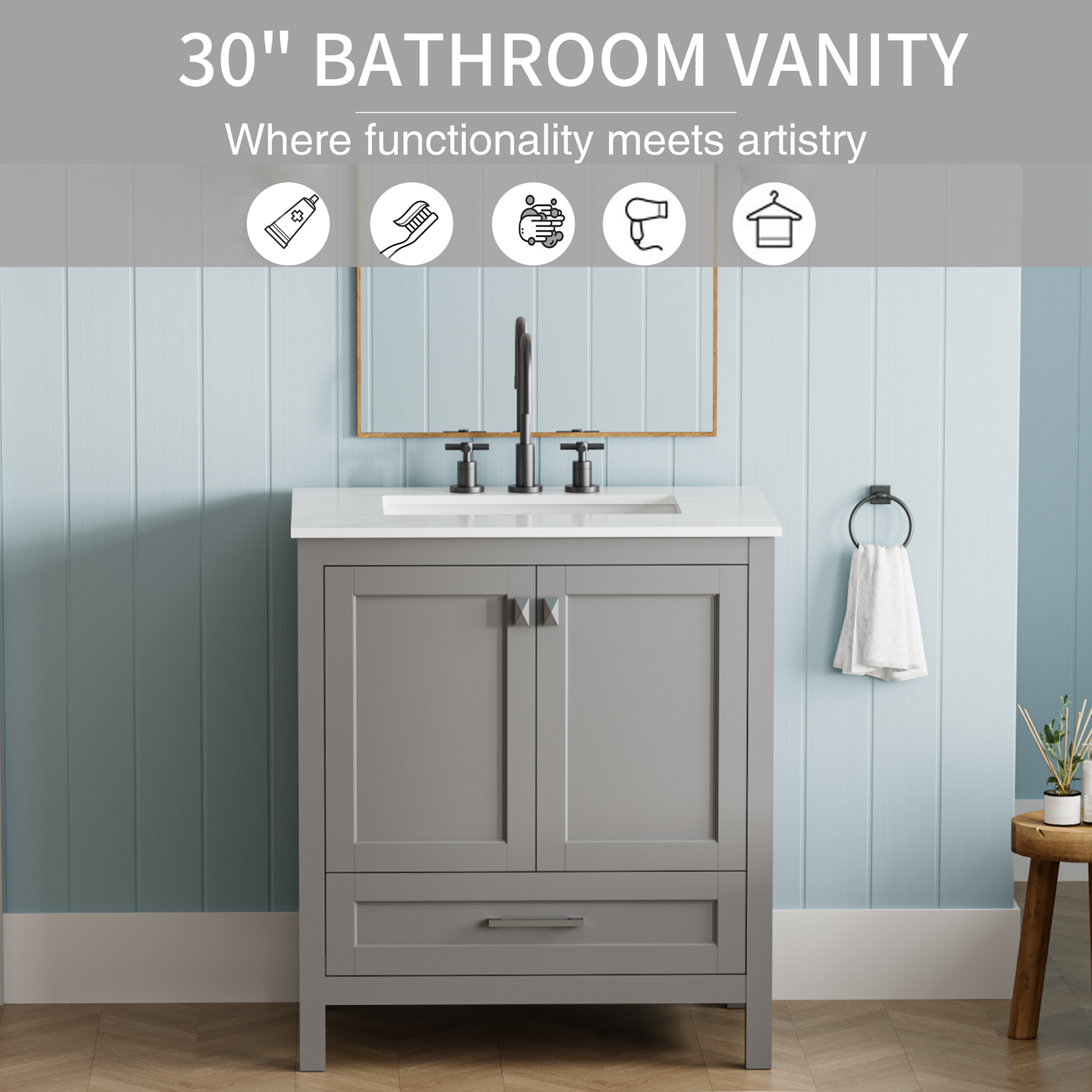 30 Inch Freestanding Bathroom Vanity With Sink, Carrara Engineered Marble Vanity Top With Undermounted Rectangular Ceramic Sink, Large Storage Soft Close Door, Grey 24V03 30Gr Grey Wood Solid Wood