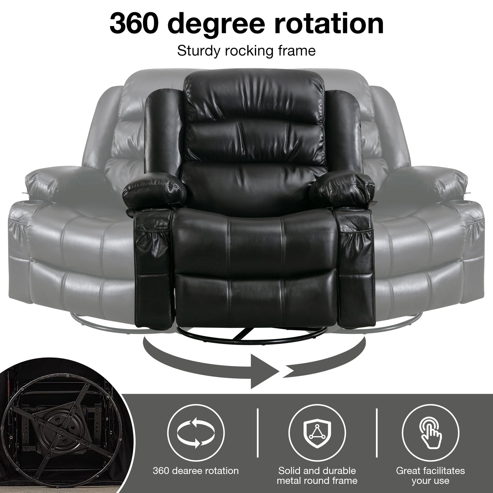 Massage Swivel Rocker Recliner Chair With Vibration Massage And Heat Ergonomic Lounge Chair For Living Room With Rocking Function And Side Pocket 2 Cup Holders Usb Charge Port Black Faux Leather Manual Handle Metal Soft Heavy Duty Push Button Foam Pu