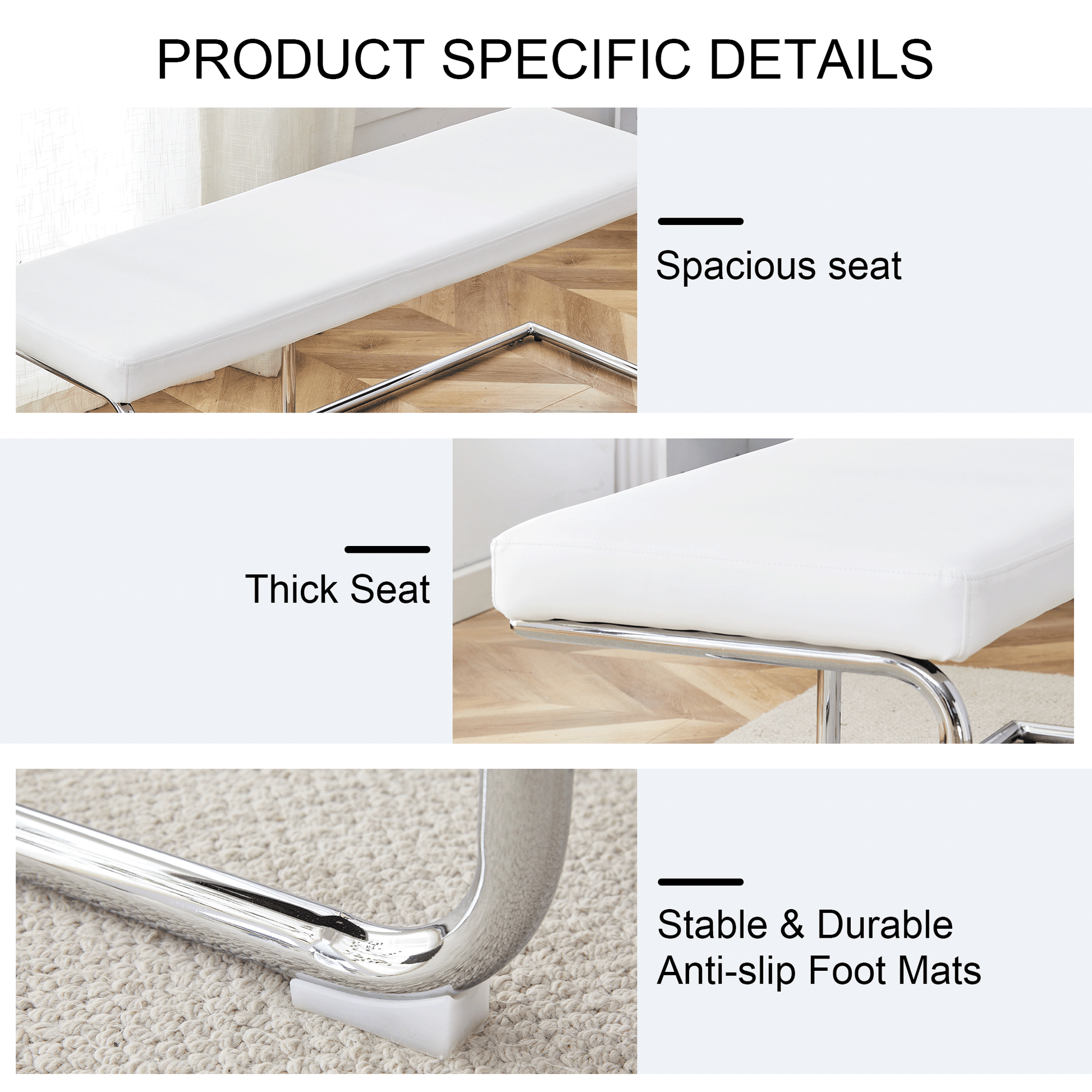 Table And Chair Set. Large Modern Rectangular Table With White Textured Top And Silver Metal Legs. Soft And Comfortable Pu Seats, Faux Leather Upholstered Seats And Sturdy Metal Legs. White Mdf Metal