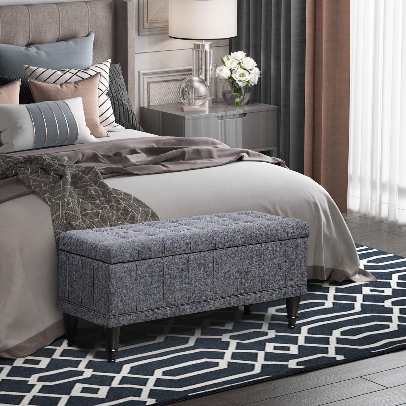 Homcom Storage Ottoman, Linen Fabric Button Tufted Storage Bench With Soft Close Lid For Living Room, Entryway Or Bedroom, Dark Heather Grey Grey Fabric
