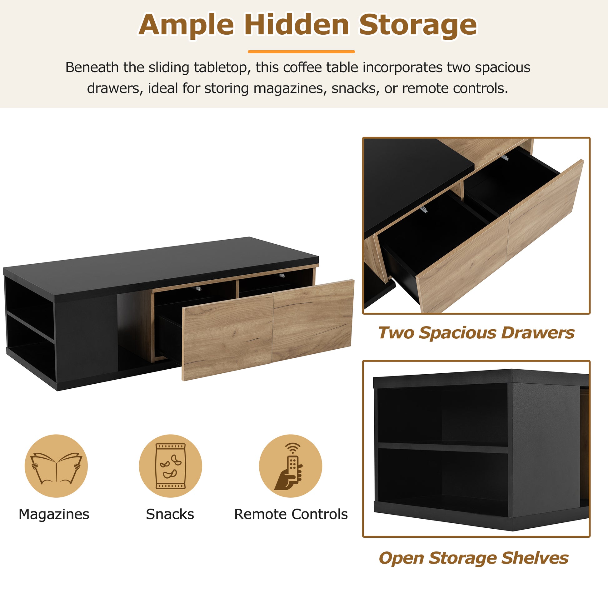 47.2'' 57''W Extendable Coffee Table With 2 Storage Drawers, Dual Tone Wood Center Table With Extendable Sliding Tabletop, Multi Functional Hidden Storage Sofa Table For Living Room, Black Black Primary Living Space Drawers Rectangular Particle Board Mdf