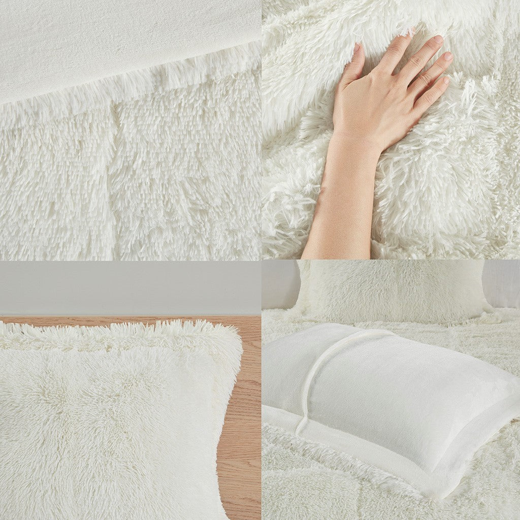 Shaggy Long Fur Comforter Mini Set Queen Ivory Polyester