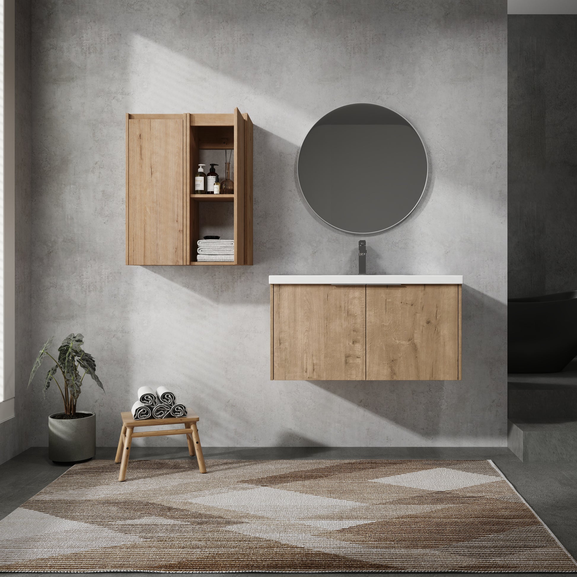 36" Wall Mounted Bathroom Vanity With Sink And Side Cabinet, Soft Close Doors,00112Imo X 2 00636Imo Combination Cabinet Kd Packing Imitative Oak Bathroom Modern Plywood Plywood