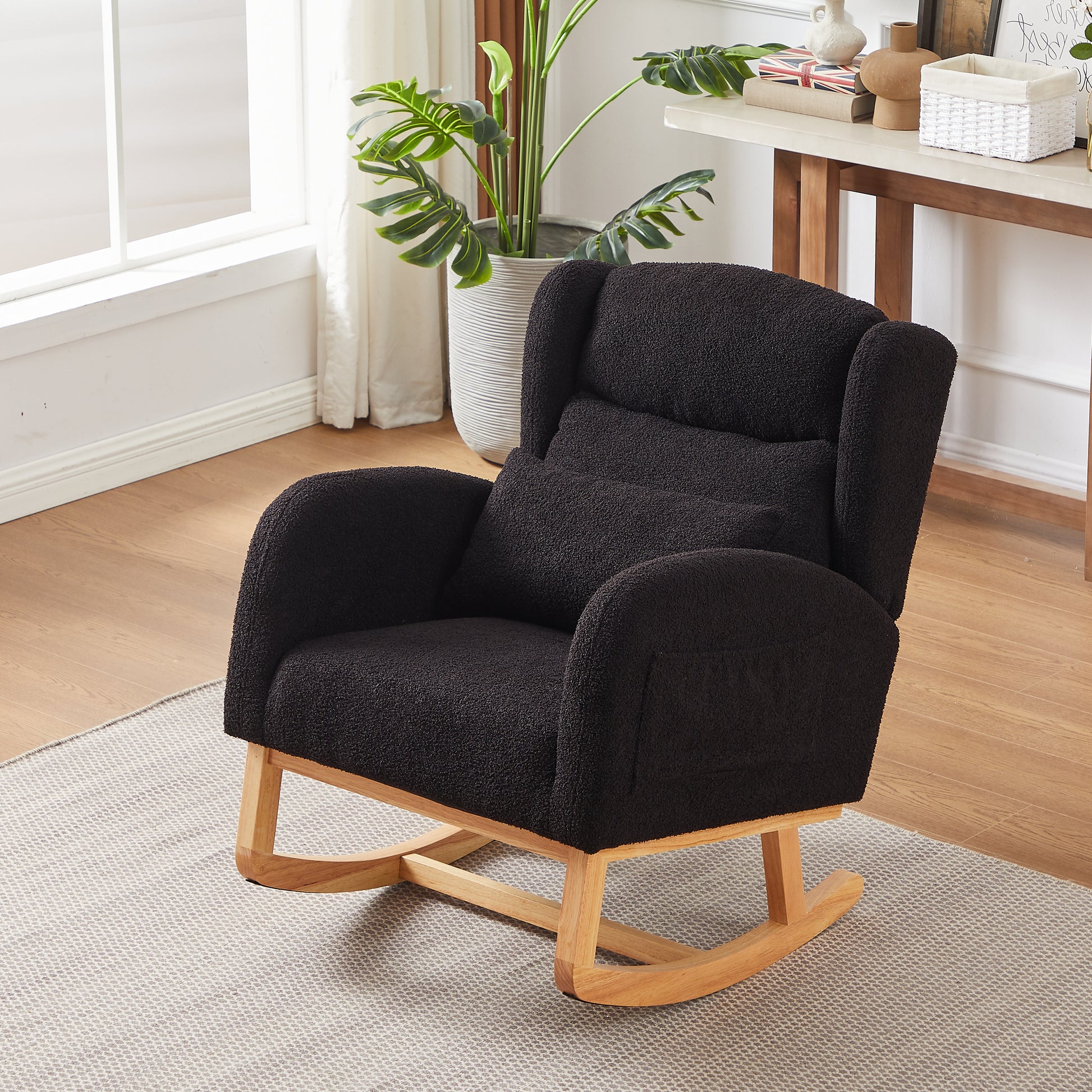 27.2"W Modern Accent High Backrest Living Room Lounge Arm Rocking Chair, Two Side Pocket Black Foam Fabric