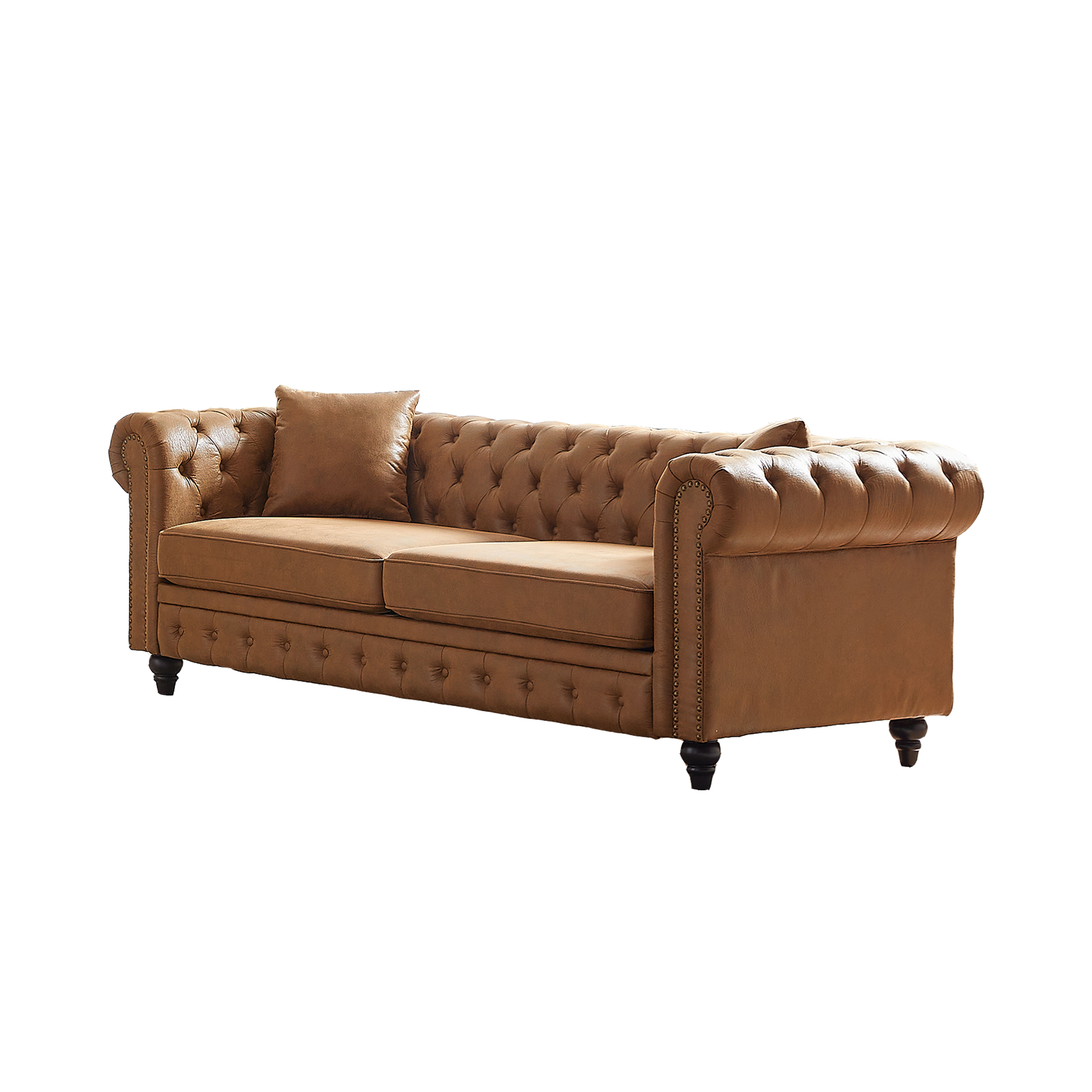 Fx 85.5"Living Room With Tech Fabric Chesterfield Sofa With Rolled Arms 3 Seater Sofa With Button Design And 2 Cushions For Apartment, Office, Living Room Brown Polyester Wood Primary Living Space Pine Foam Fabric 3 Seat