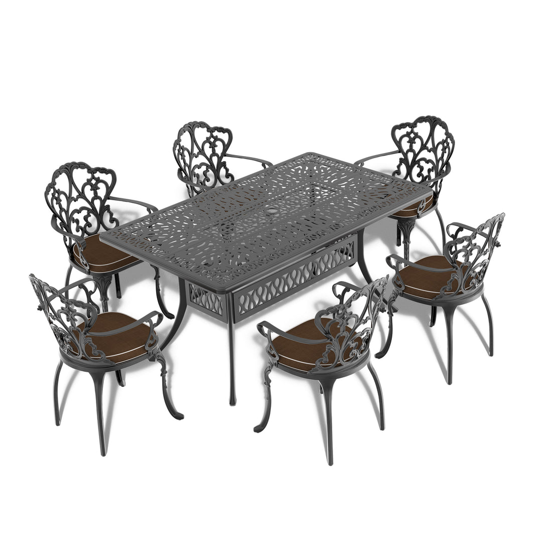 Cushions In Random Colors 7 Piece Set Of Cast Aluminum Patio Furniture With Cushions Yes Dining Set Black Seats 6 Rust Resistant Frame Water Resistant Cushion Garden & Outdoor Complete Patio Sets Aluminium