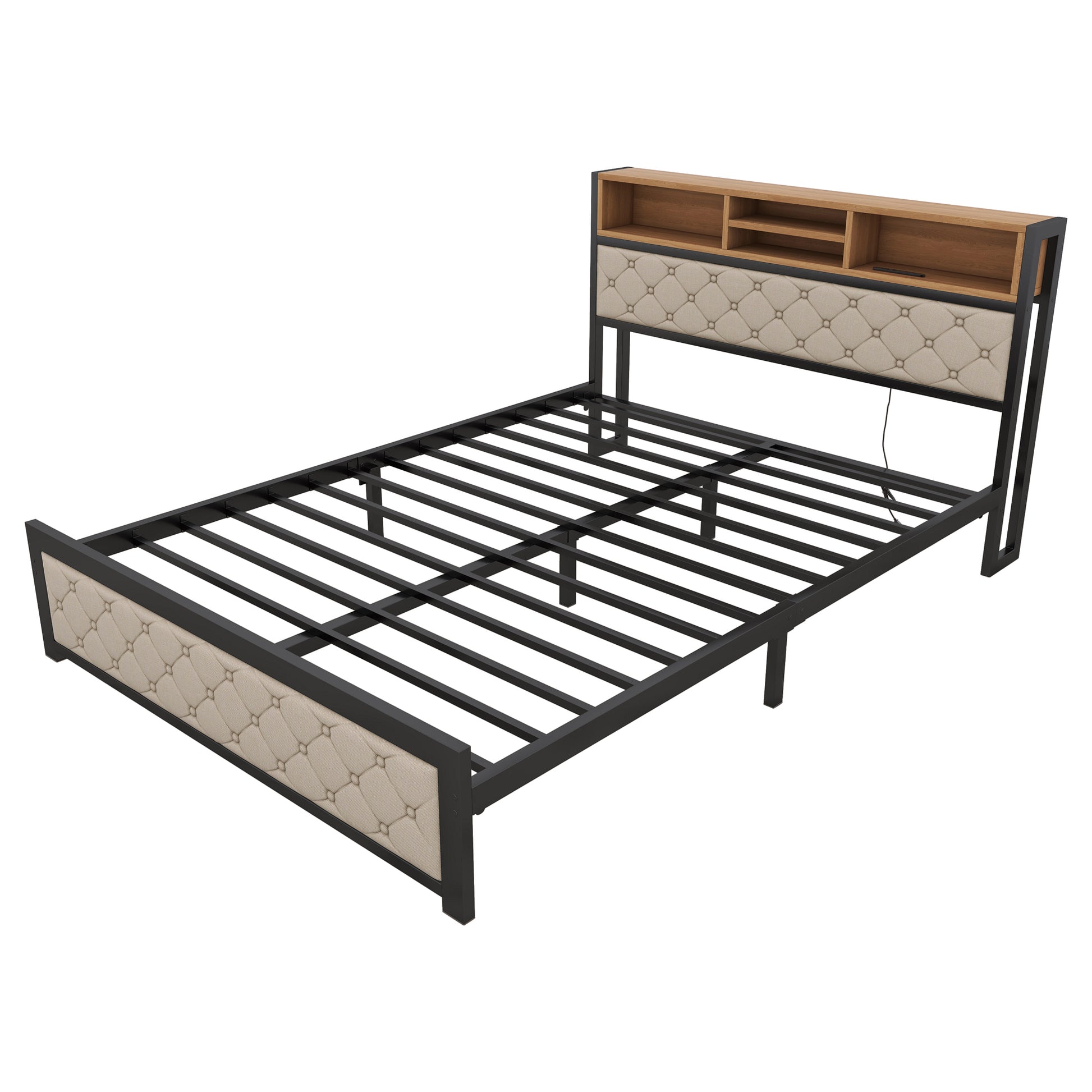 Metal Queen Size Platform Bed With 4 Drawers, Upholstered Headboard And Footboard, Sockets And Usb Ports, Beige Queen Beige Black Fabric Metal