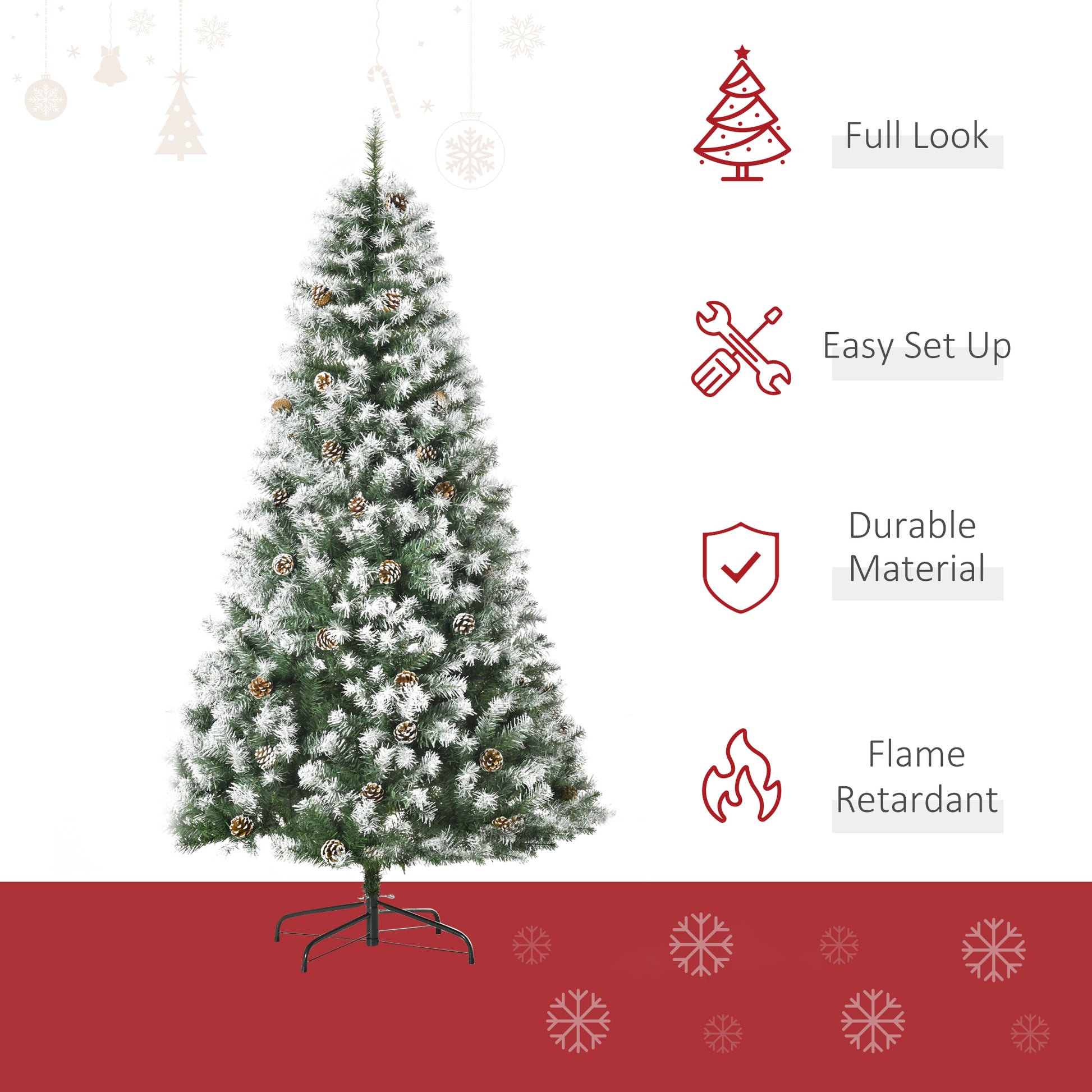 Homcom 6Ft Unlit Snow Dusted Full Fir Artificial Christmas Tree With Realistic Branches, 61 Pine Cones And 800 Tips Green Pvc