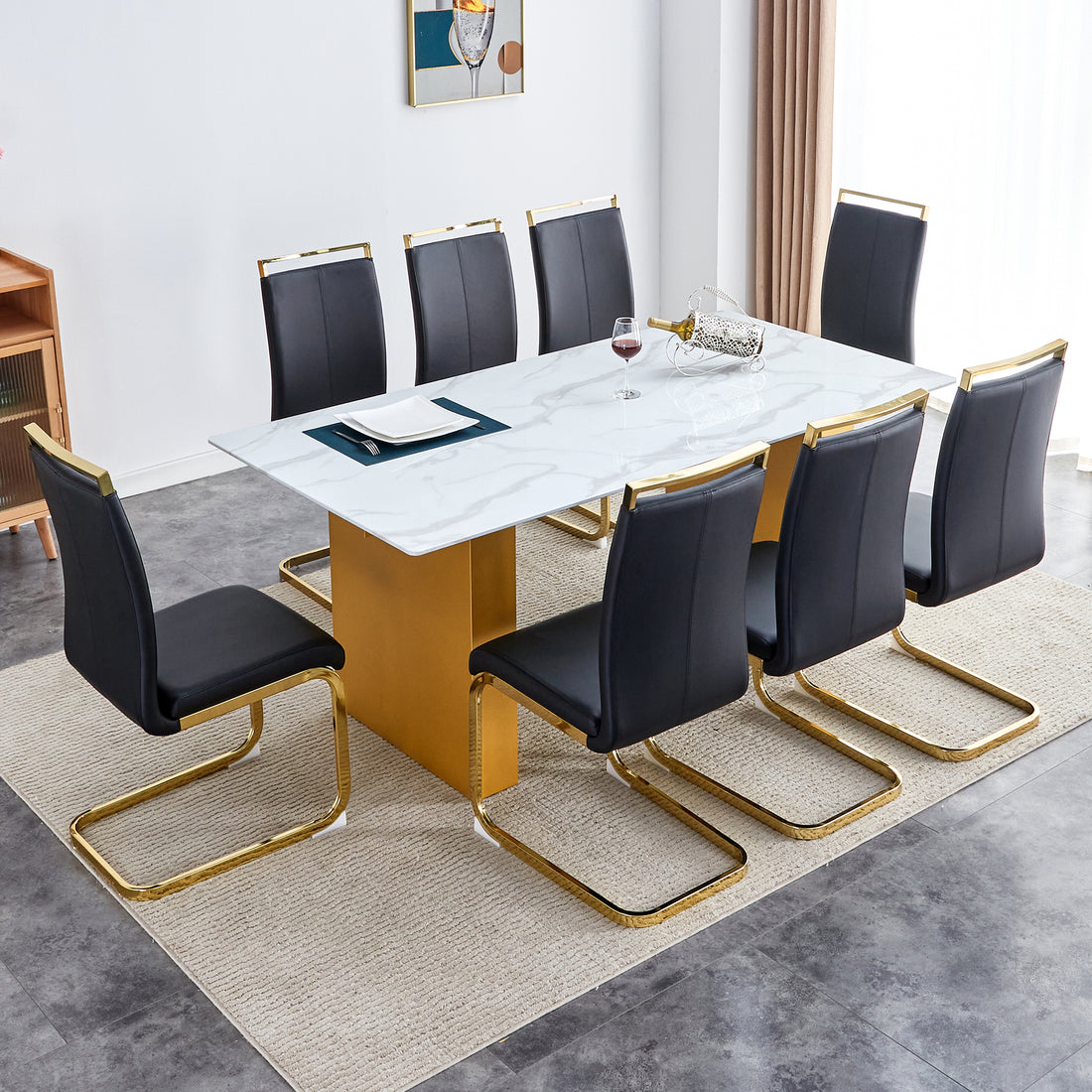 Table And Chair Set.Large Modern Rectangular Table With 0.4 Inch Patterned Glass Tabletop And Large Mdf Table Legs.Comes With 8 Chairs With Faux Leather Cushioned Seats And Golden Metal Legs. Gold White Seats 8 Mdf Glass