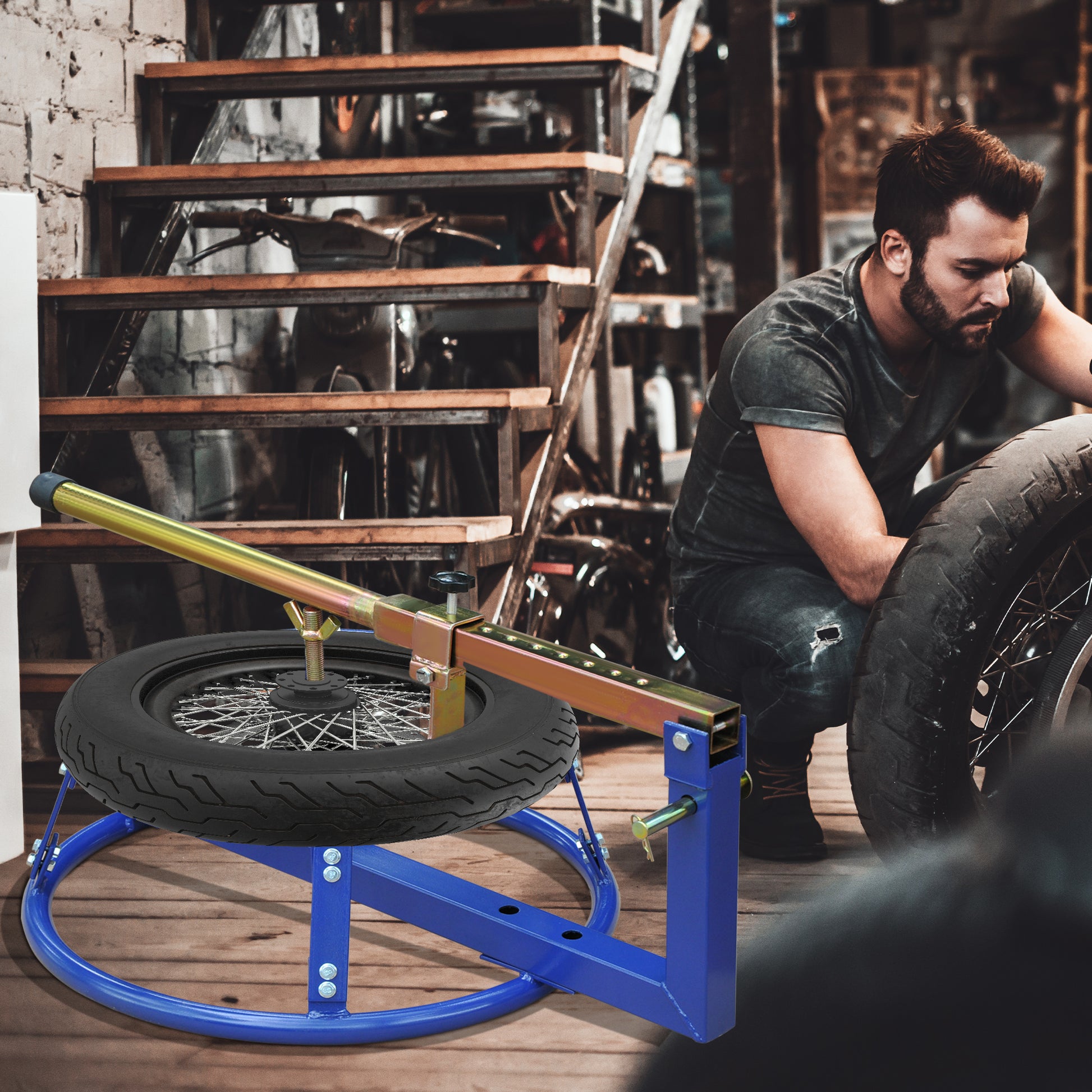 Homcom Motorcycle Tire Changer Stand With Adjustable Bead Breaker, Fit For 16 22In Tyres Blue Steel