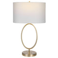 27 Inch Metal Table Lamp, Oval Center Ring, Gold, White Gold White Fabric Metal