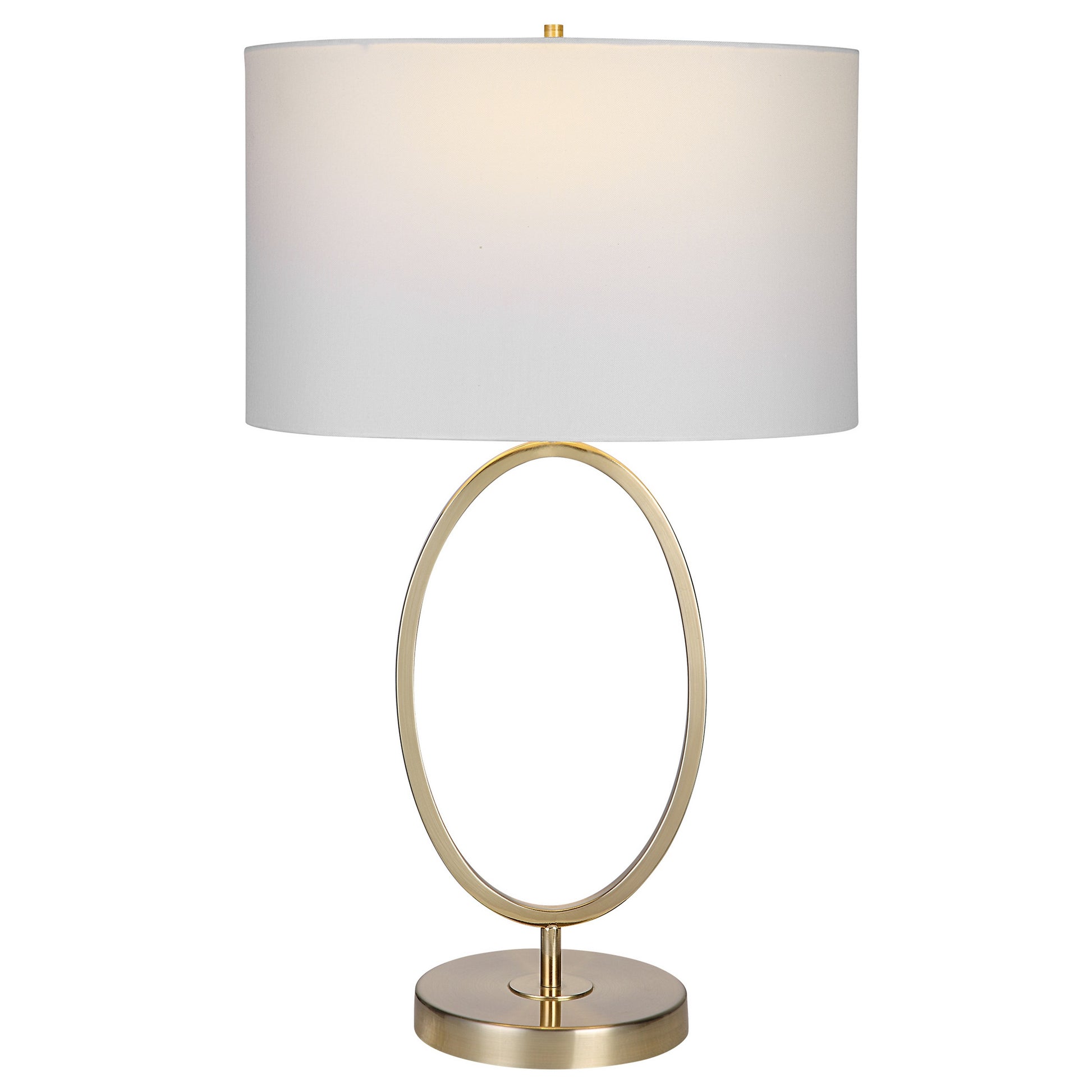 27 Inch Metal Table Lamp, Oval Center Ring, Gold, White Gold White Fabric Metal