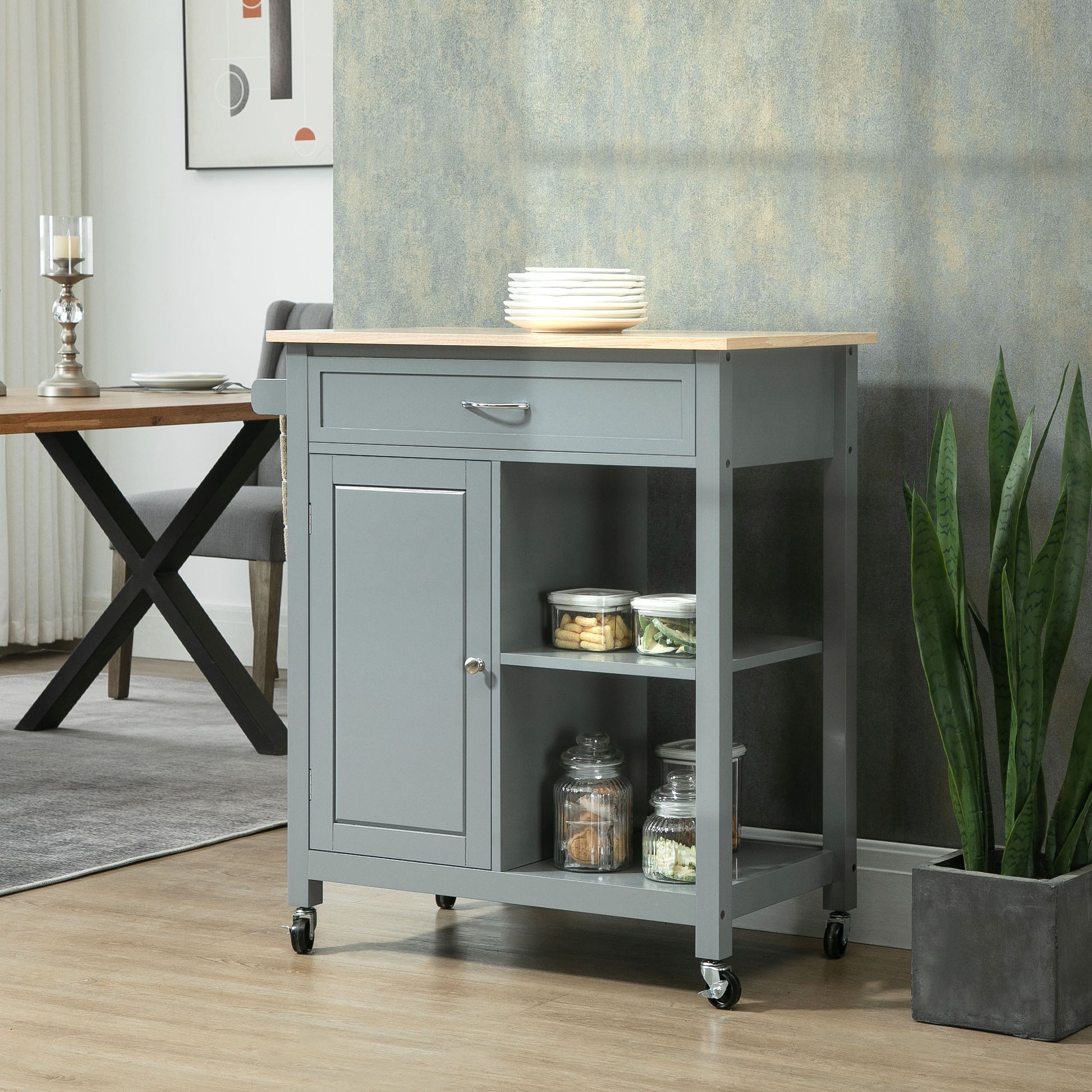 Homcom Kitchen Island Cart, Rolling Kitchen Island With Storage Shelf, Solid Wood Top, Drawer, For Dining Room, Gray Grey Mdf