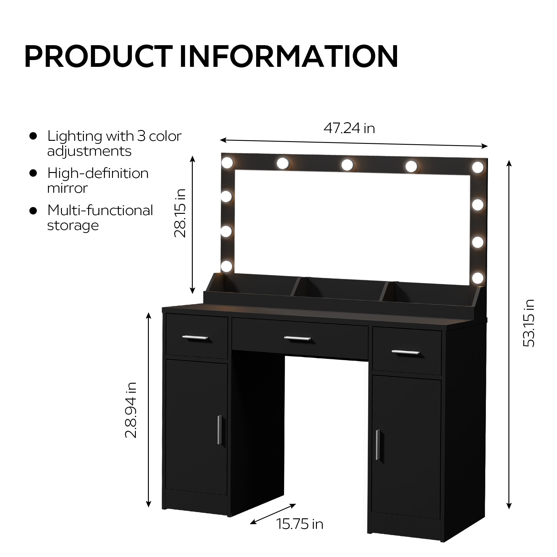 47.2"Vanity Desk With Large Mirror, 3 Colour Lighting Modes, Adjustable Brightness, Dresser With 3 Drawers & 2 Vertical Cabinets, Makeup Vanity Table For Women & Girls Black Black Particle Board