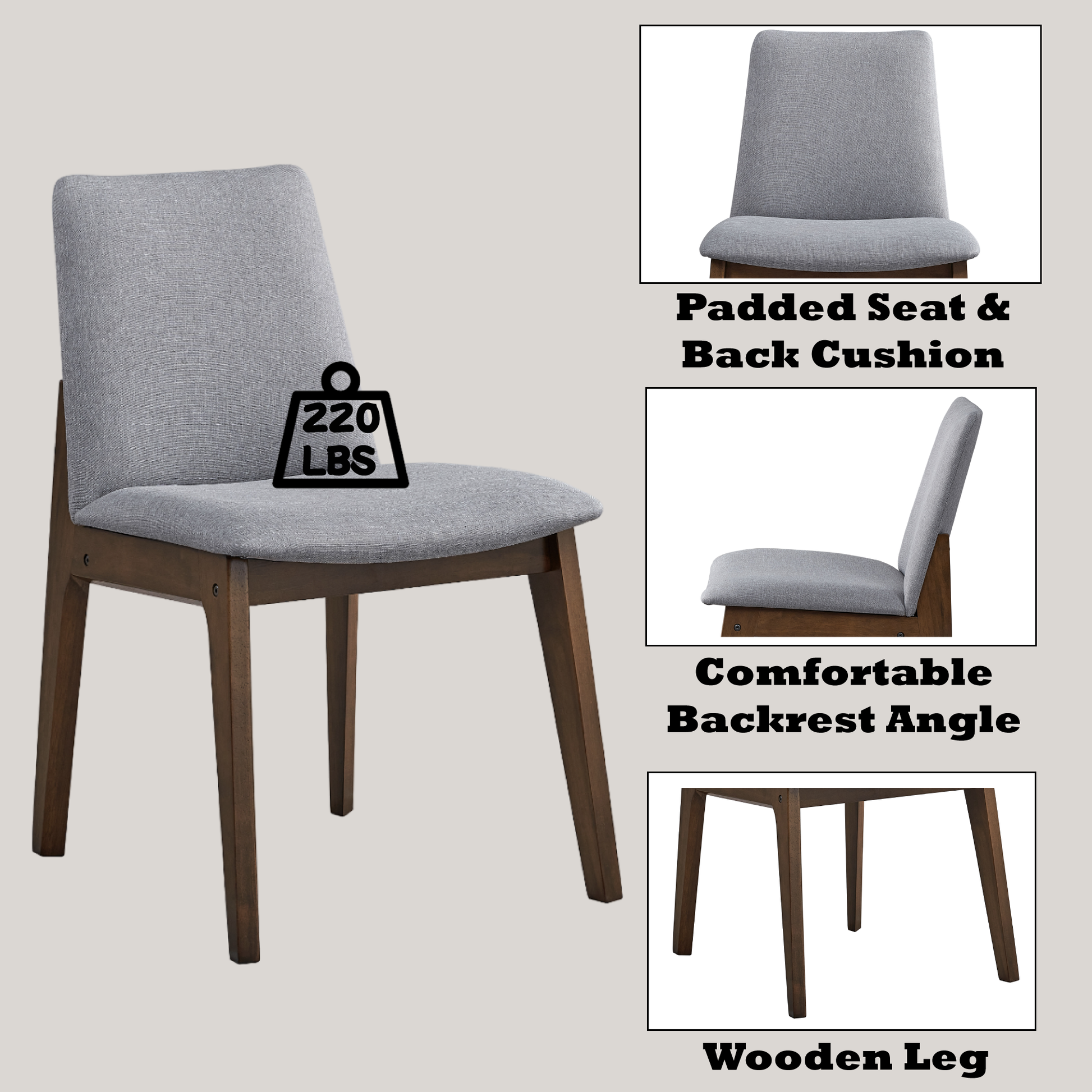 Kaela Side Chair Set 2 , Light Gray Fabric & Walnut Finish Dn02926 Light Gray Upholstered