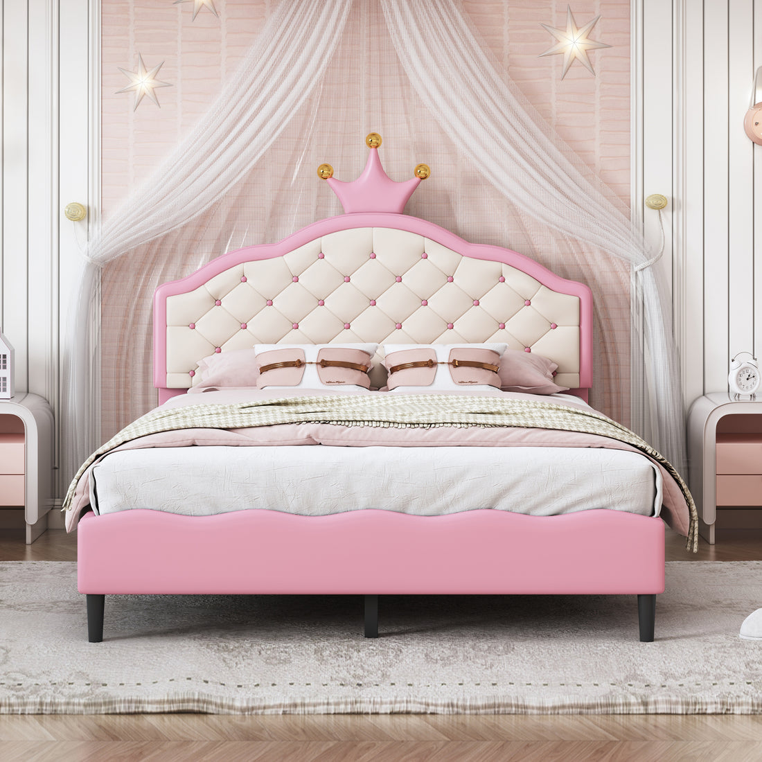 Full Size Lovely Crown Fantasy Pu Leather Princess Bed With Tufted Headboard, Pink Cream Full Pink Mdf Lvl