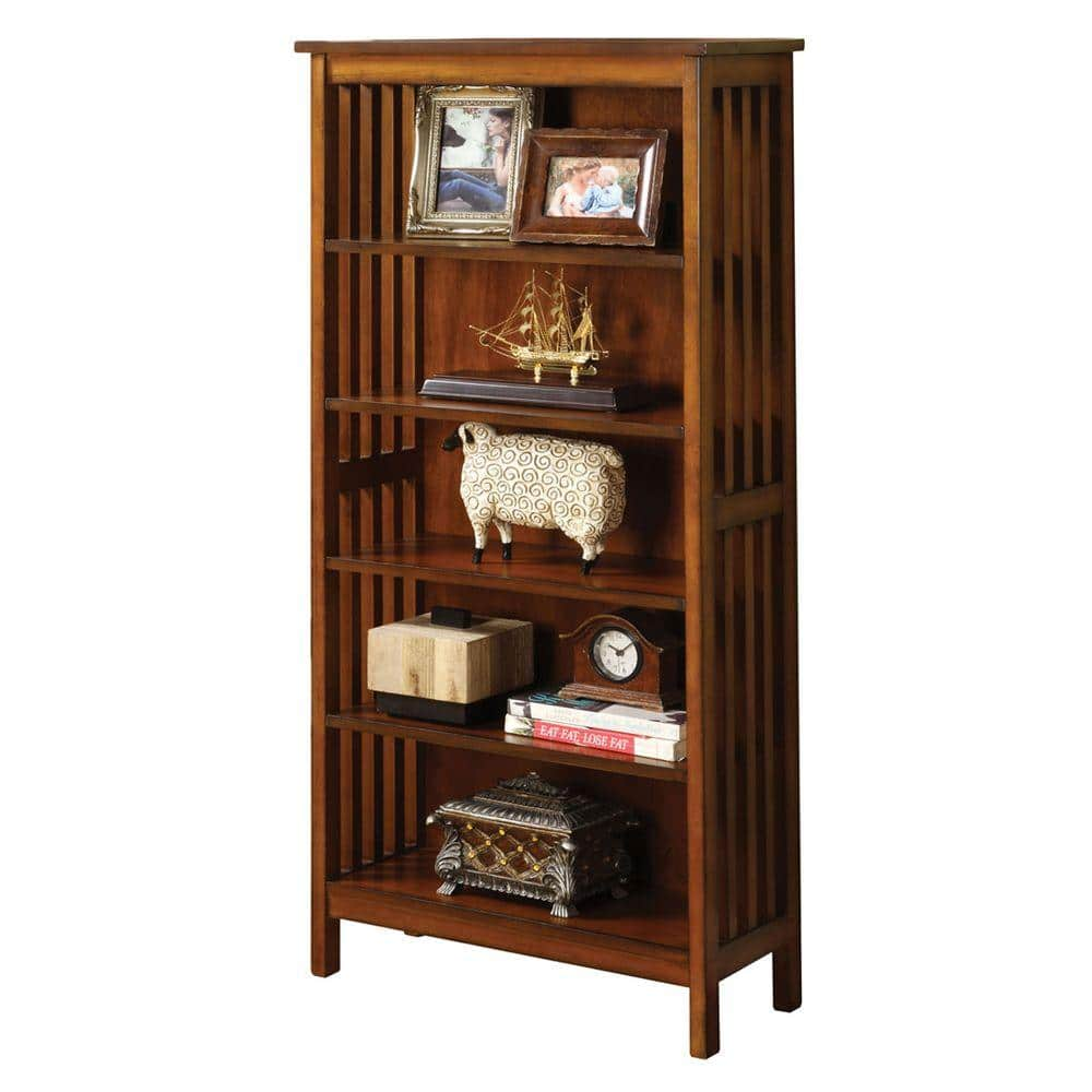 Gorgeous Styling Antique Oak Finish 1Pc Media Shelf Solid Wood Storage Books 5 Shelves Open Cabinet Shelf Oak Primary Living Space Closed Back Contemporary,Modern,Rustic,Transitional Solid Wood