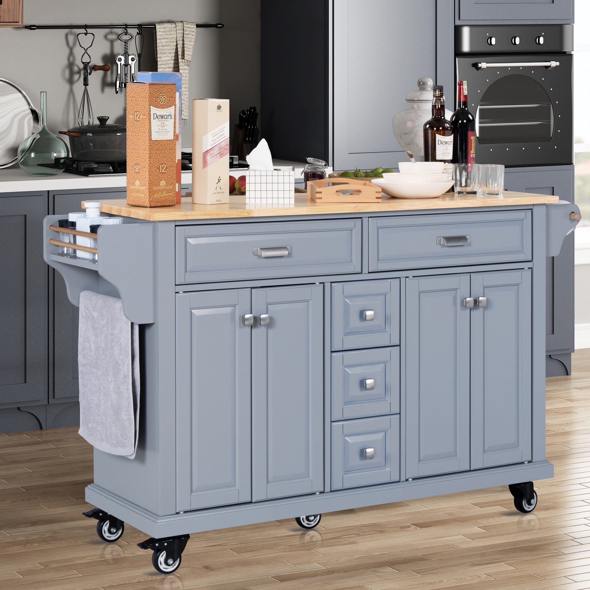 Kitchen Island With Rubber Wood Countertop, Kitchen Cart On 5 Wheels With Storage Cabinet And 5 Drawers For Dinning Room, Grey Grey Dining Room Rectangular Rubberwood Solid Wood Mdf Large 56 In