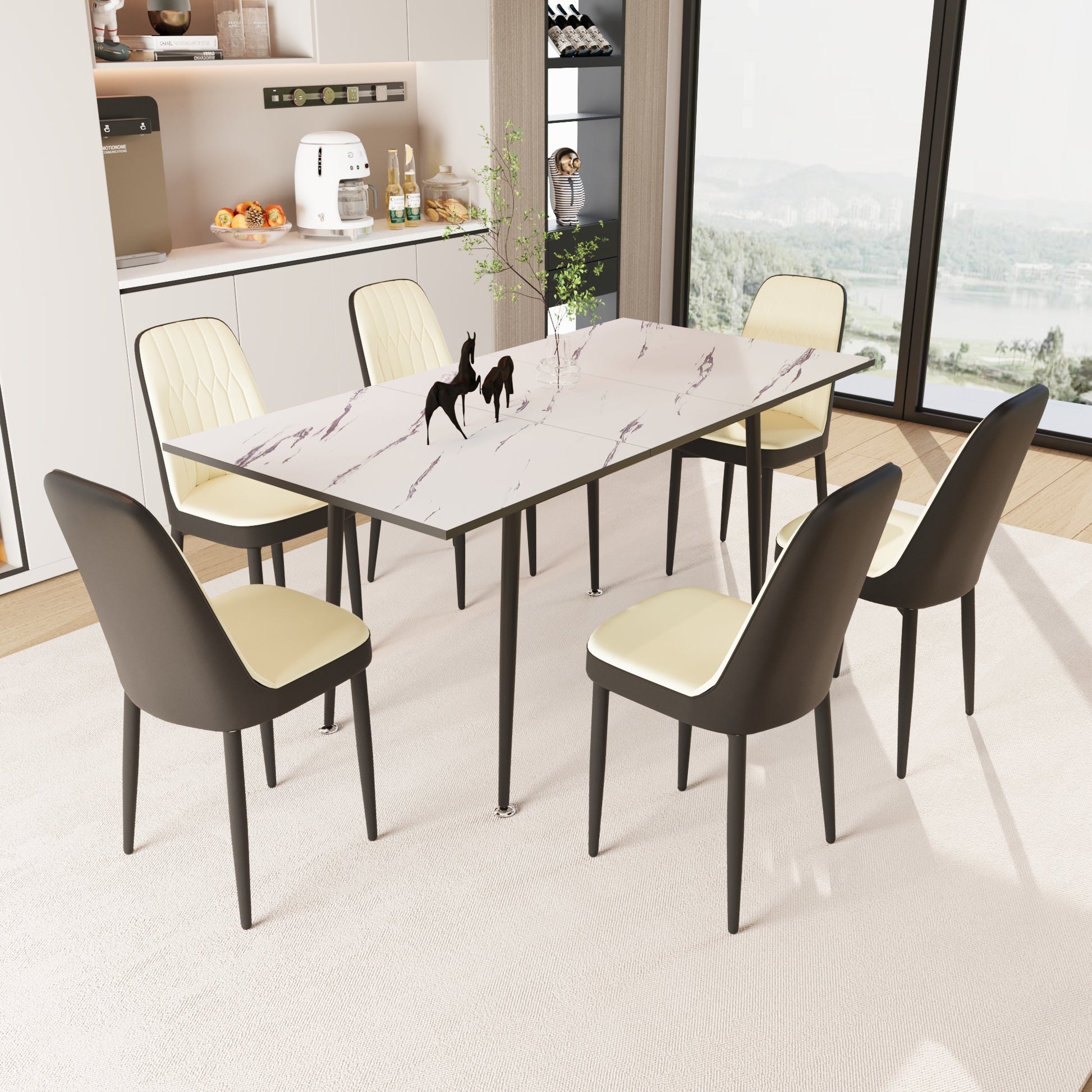 47" 63" Expandable Dining Table Set For 2 6 People, Equipped With Pu Fabric Thick Cushioned Dining Chair And An Elegant And Spacious Dining Tablekitchen Table And Chair Set, With Black Metal Legs