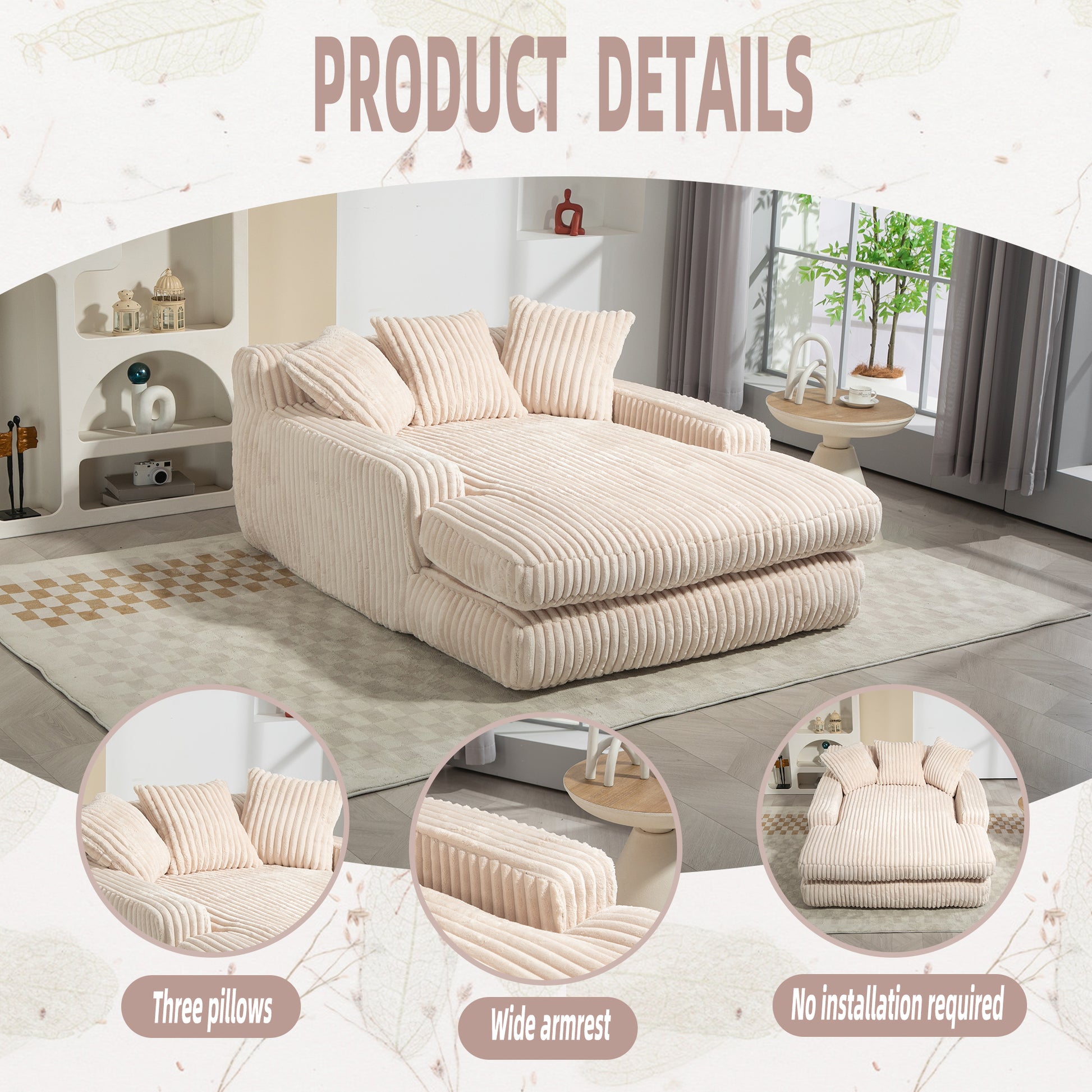 Coolmore Corduroy Lazy Sofa With 3 Back Pillows,Comfy Sofa Deep Seat Couch For Living Room,Club Beige Beige Primary Living Space Foam Corduroy 1 Seat