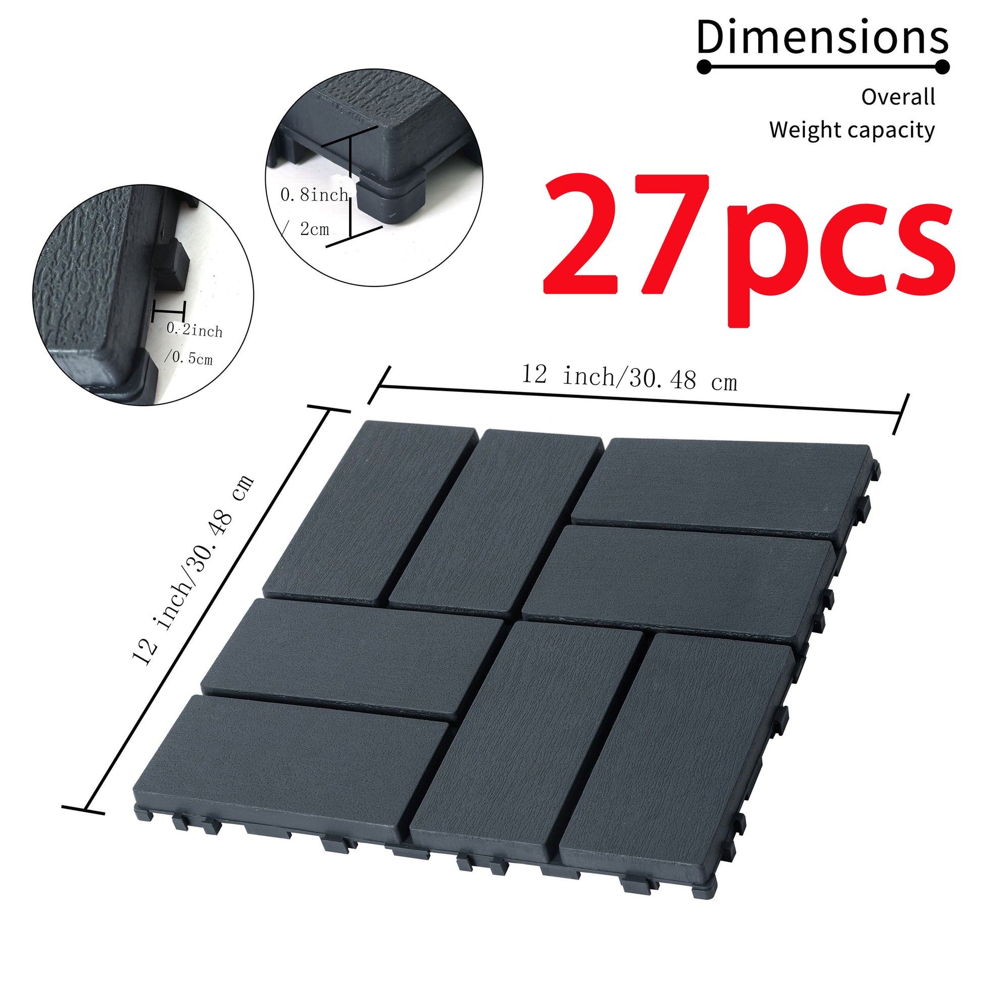 27 Pack Interlocking Plastic Deck Tiles 12"X12" Square Waterproof Outdoor Poolside Balcony Backyard Decking Tiles Easy Installation Sturdy Pp Material Strong Load Bearing Capacity Grey Plastic