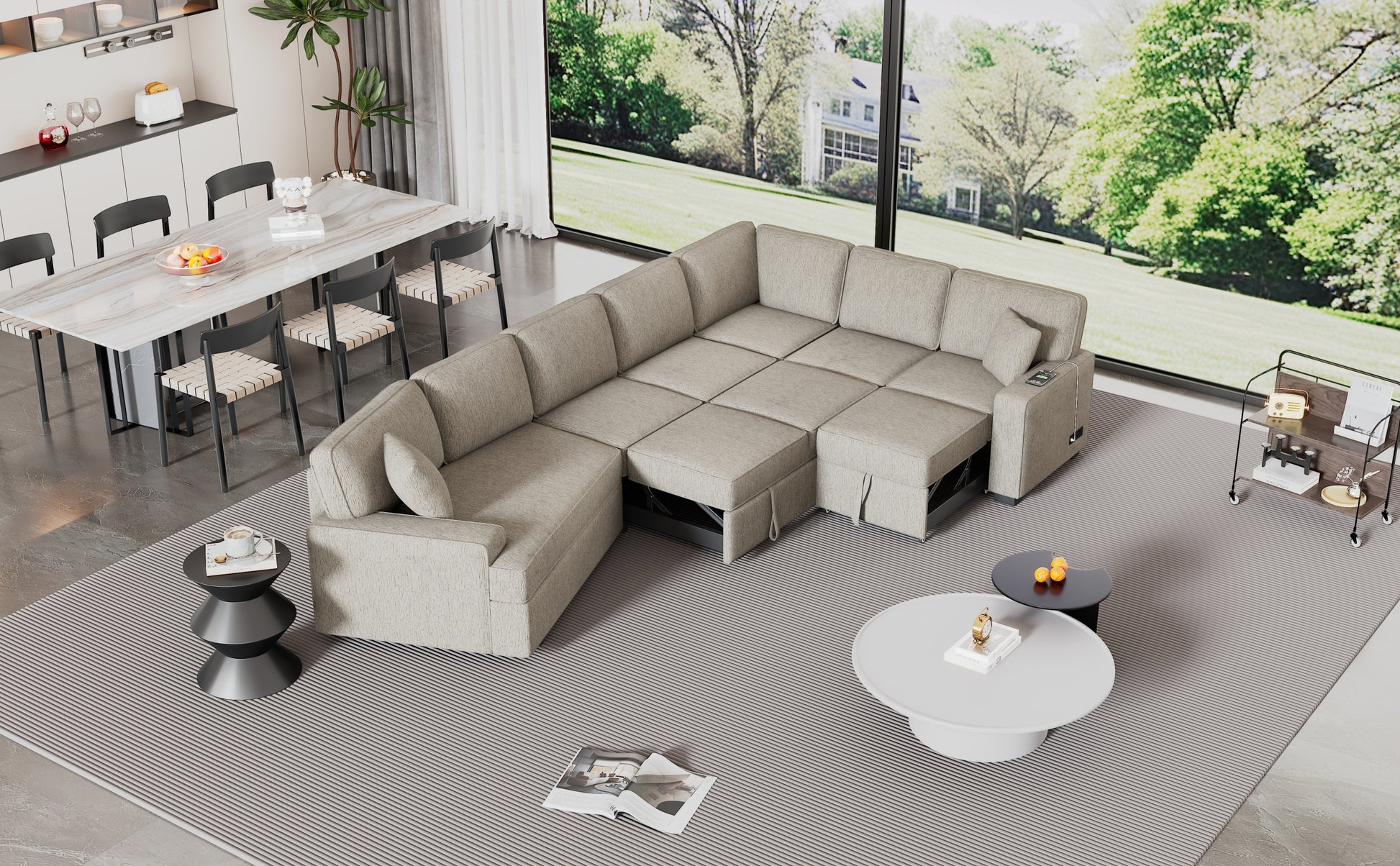 126" L Shaped Sofa Sectional Sofa Couch Pull Out Sofa Bed With Charging Devices And Cup Holders For Living Room, Beige Beige Foam Chenille 6 Seat