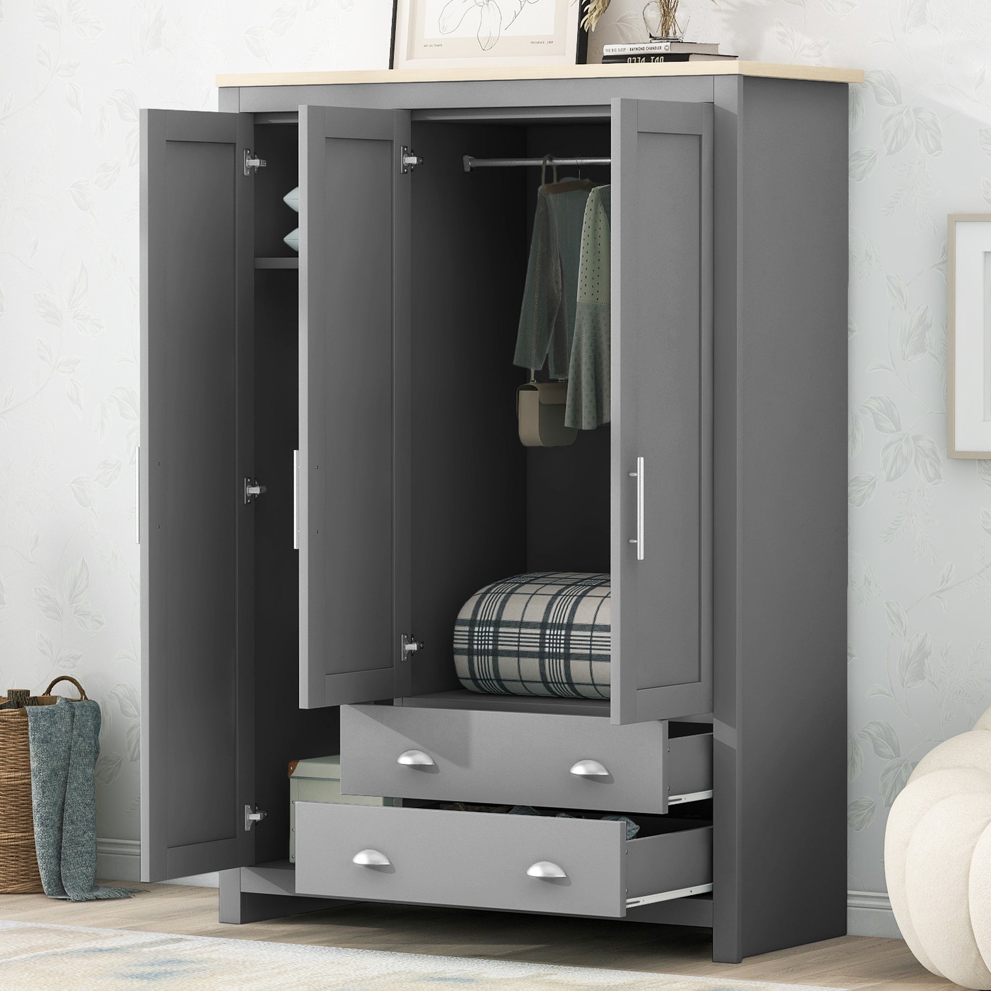 Three Door Storage Wardrobe With Cabinets And Two Hanging Rods,Gray Gray Mdf