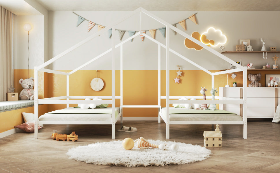 Metal Double Twin Size Triangular House Beds With Built In Table, White Box Spring Not Required Twin White Metal Metal