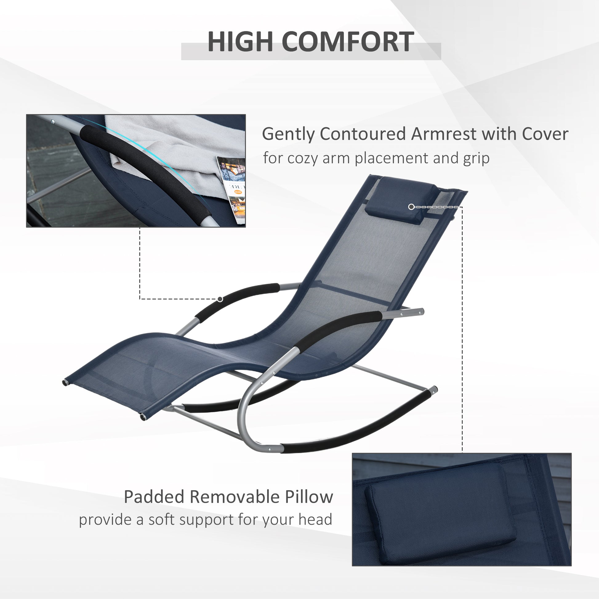Outsunny Zero Gravity Rocking Chair Outdoor Chaise Lounge Chair Recliner Rocker With Detachable Pillow And Durable Weather Fighting Fabric For Patio, Deck, Pool, Navy Blue Navy Blue Steel