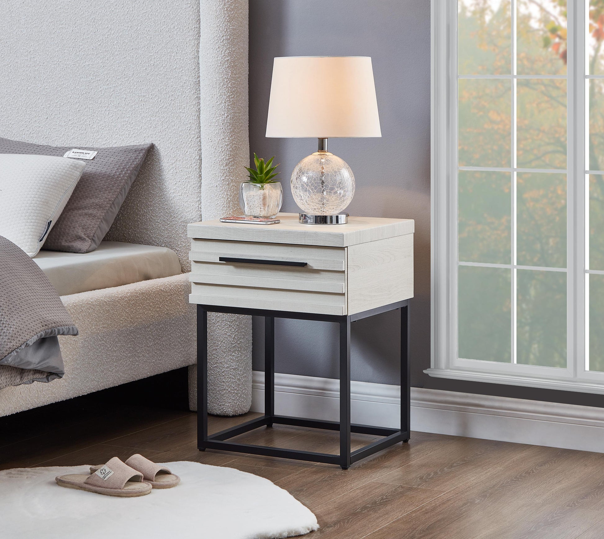 Celestial Contemporary Storage End Table, White White Wood Metal