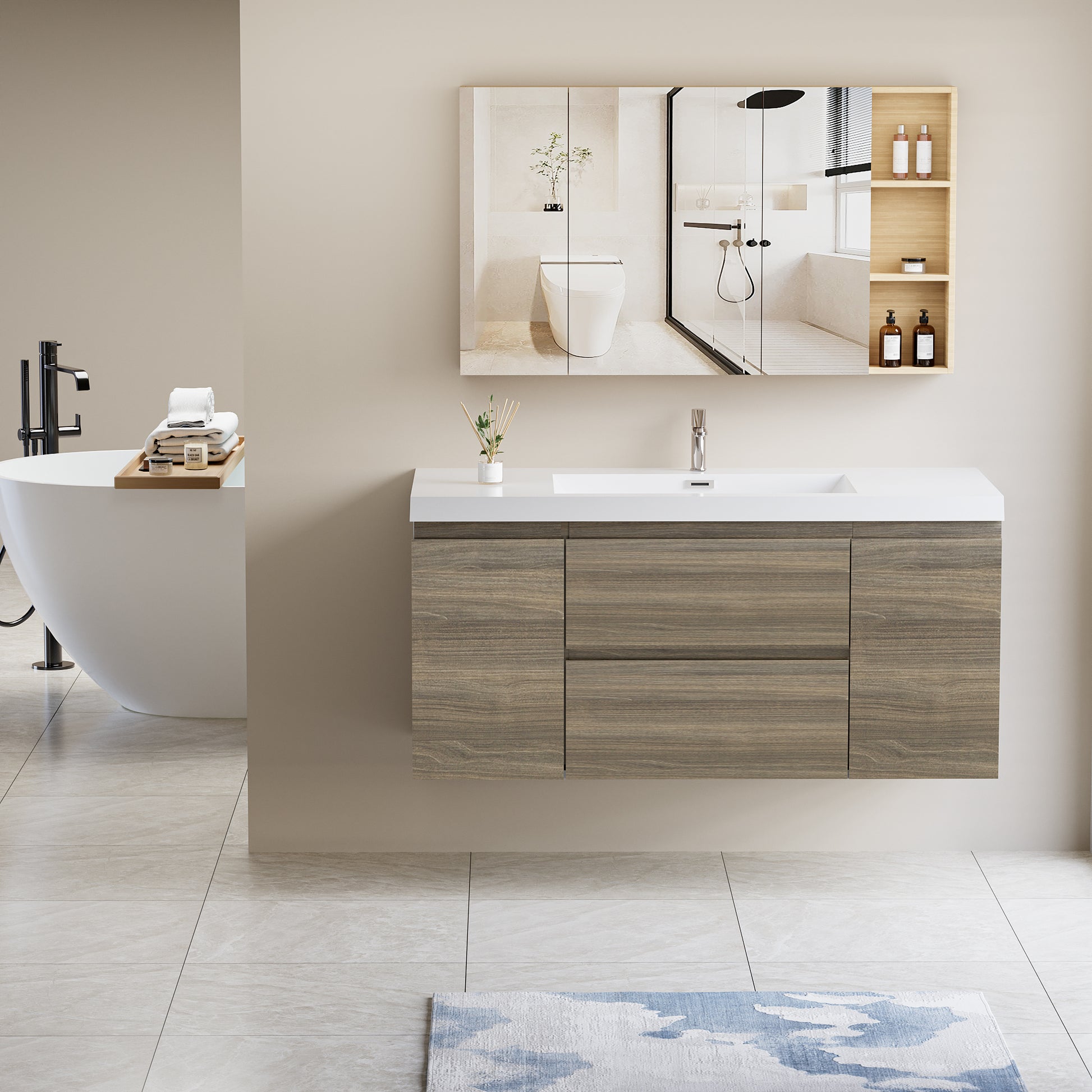 48" Floating Bathroom Vanity with Sink, Modern Wall 2-grey-2-bathroom-melamine